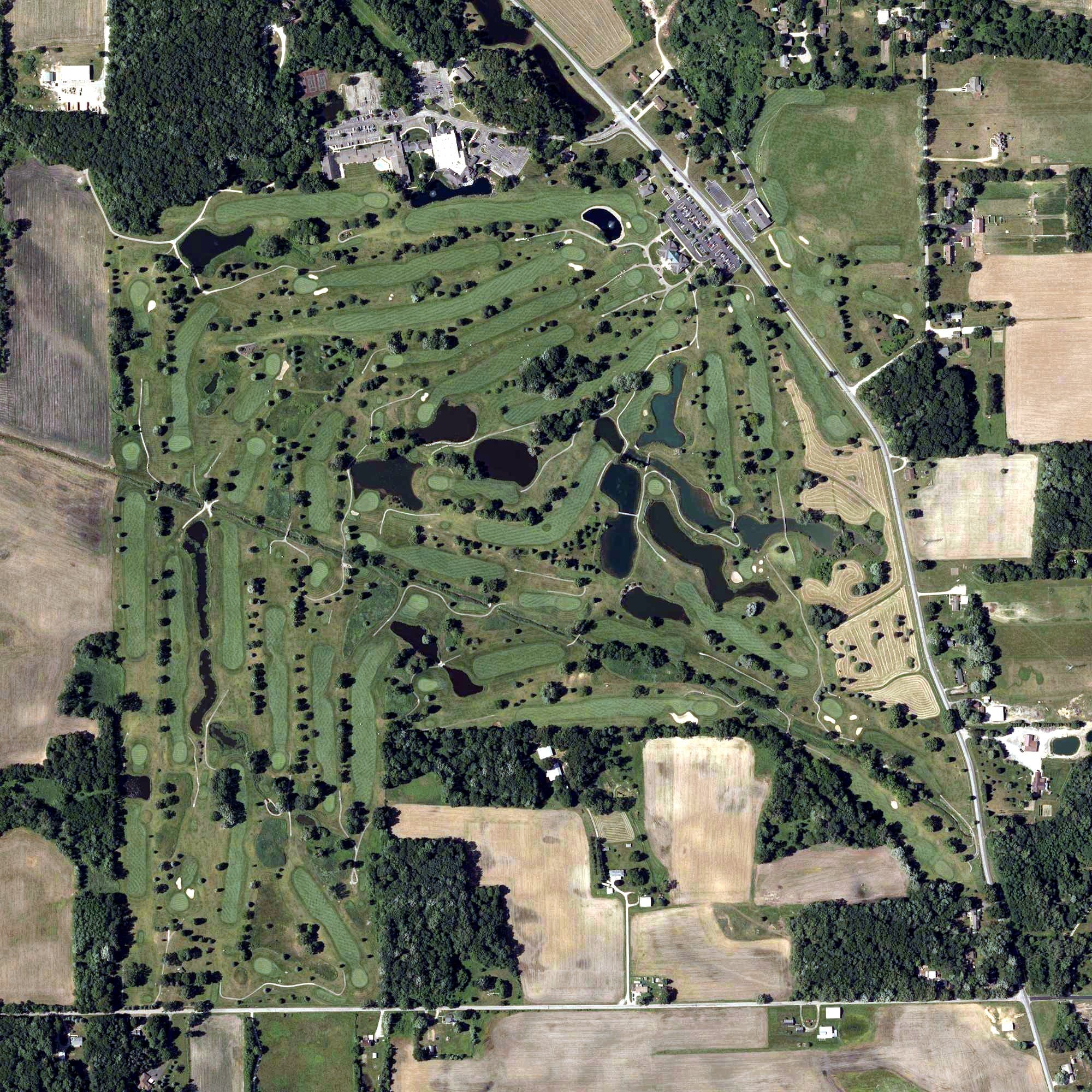 Aerial view of Swan Lake Golf Courses, IN, with its hole routing marked