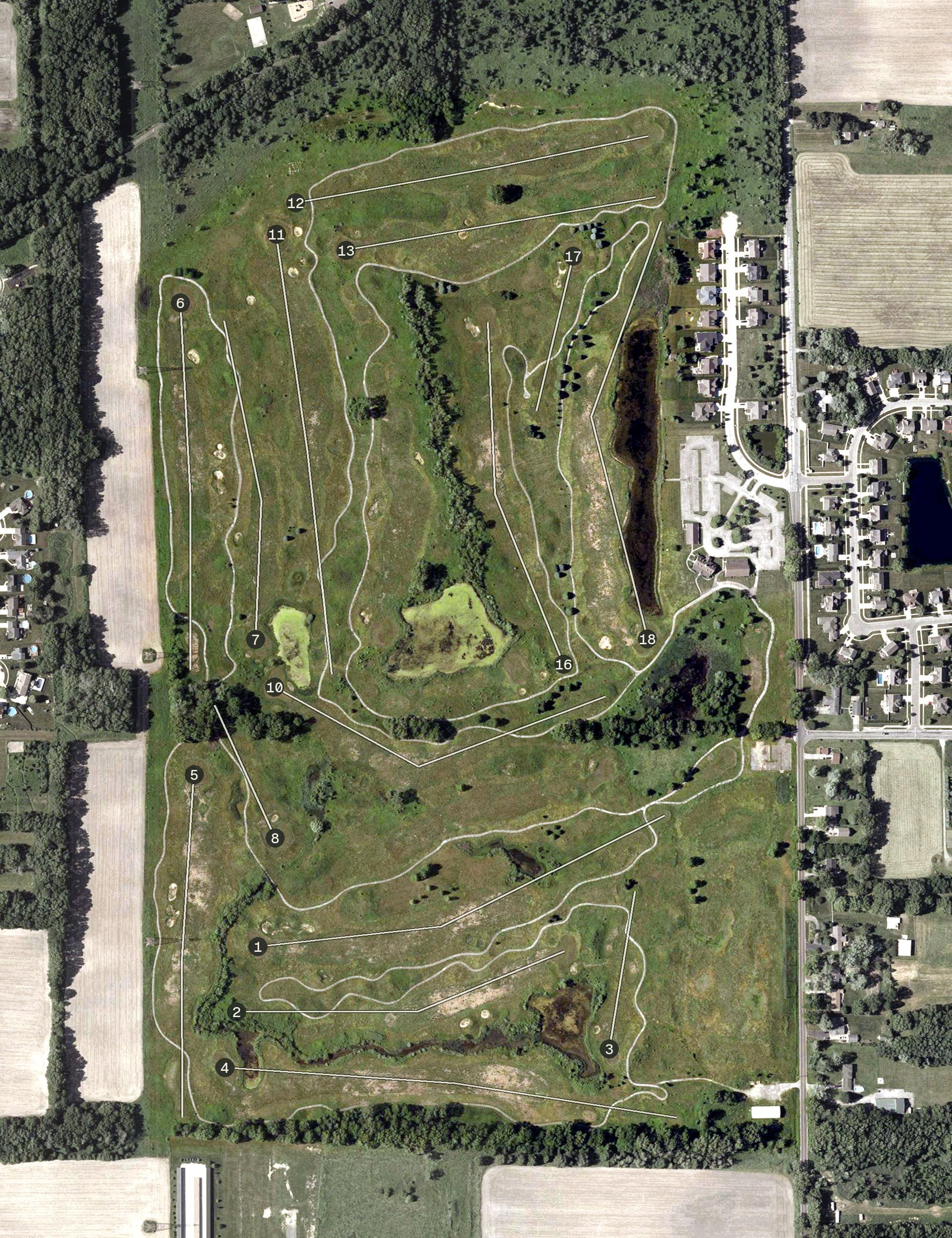 Aerial view of The Brassie Golf Club, IN, with its hole routing marked