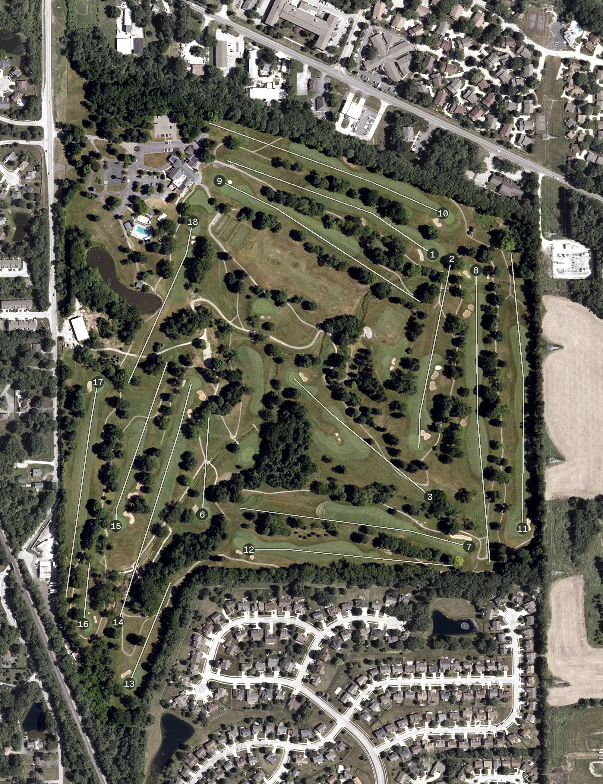 Aerial view of The Country Club of Indianapolis, IN, with its hole routing marked