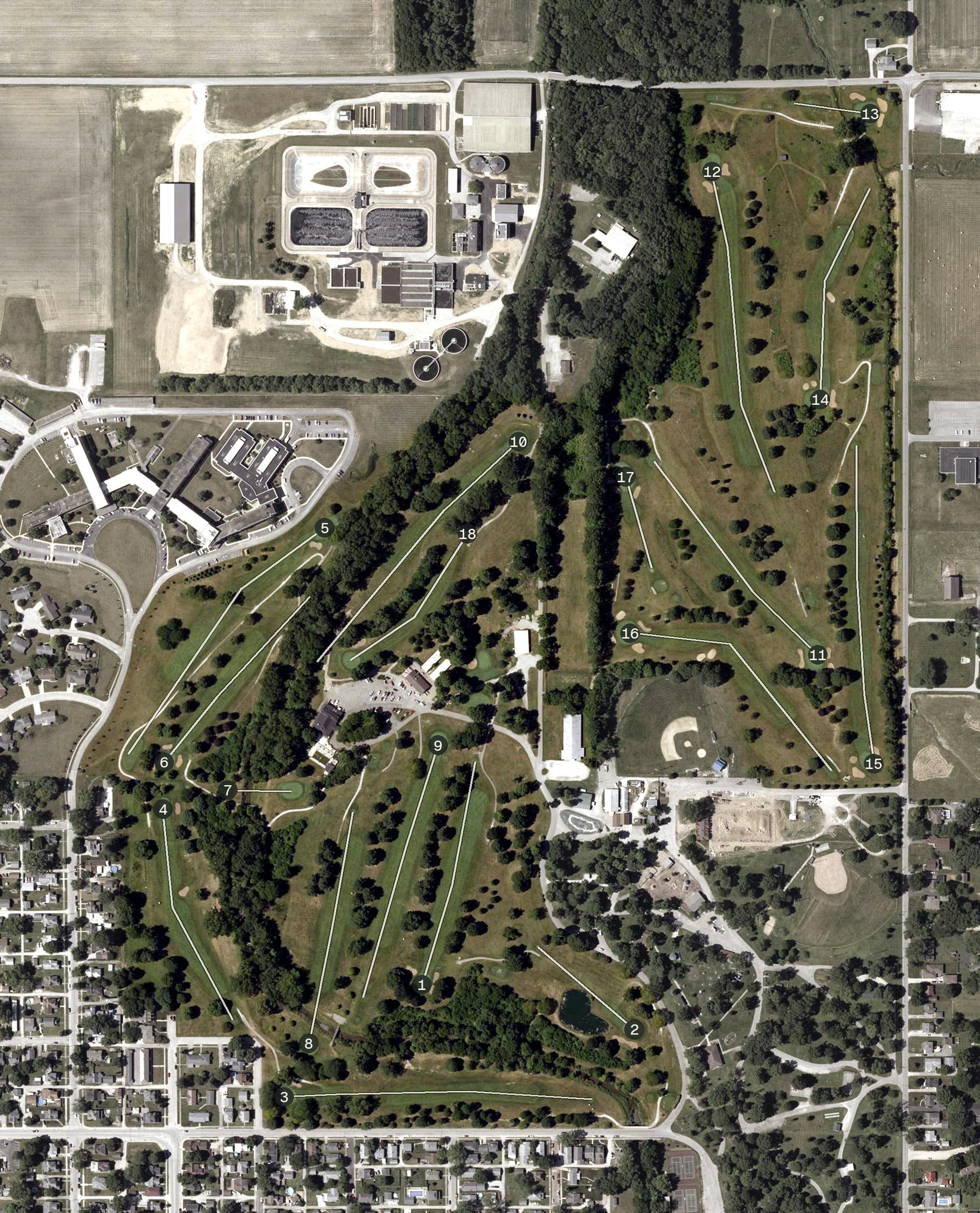 Aerial view of The Golf Preserve, IN, with its hole routing marked