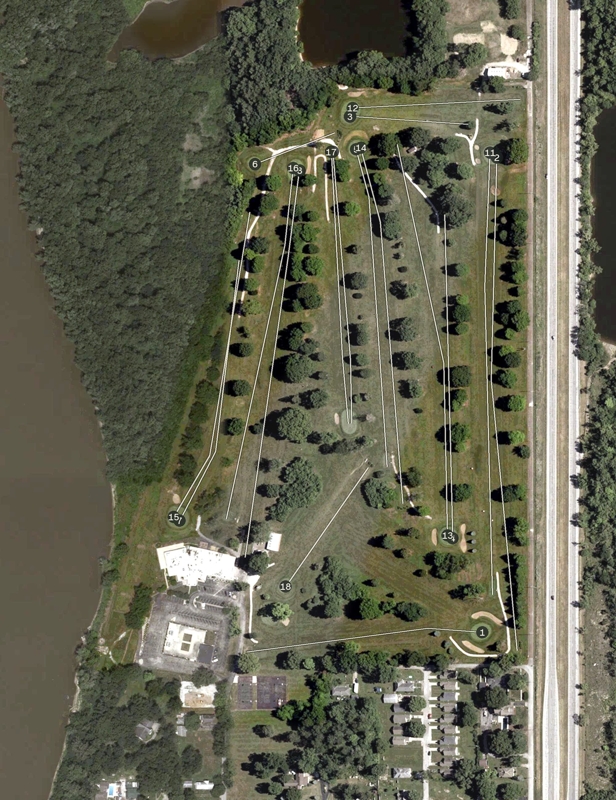Aerial view of The Landing Golf Course, IN, with its hole routing marked