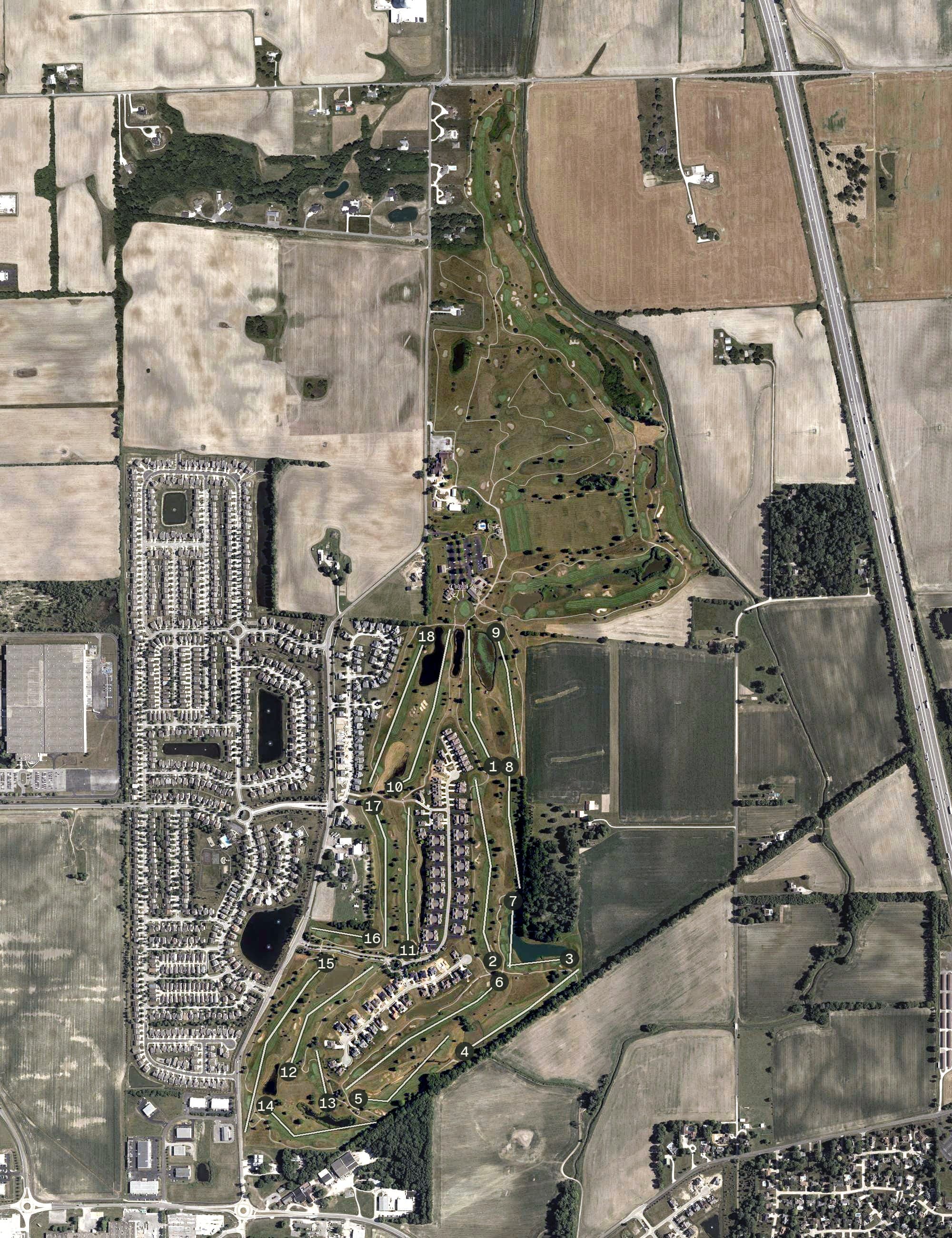 Aerial view of The Legends Golf Club, IN, with its hole routing marked