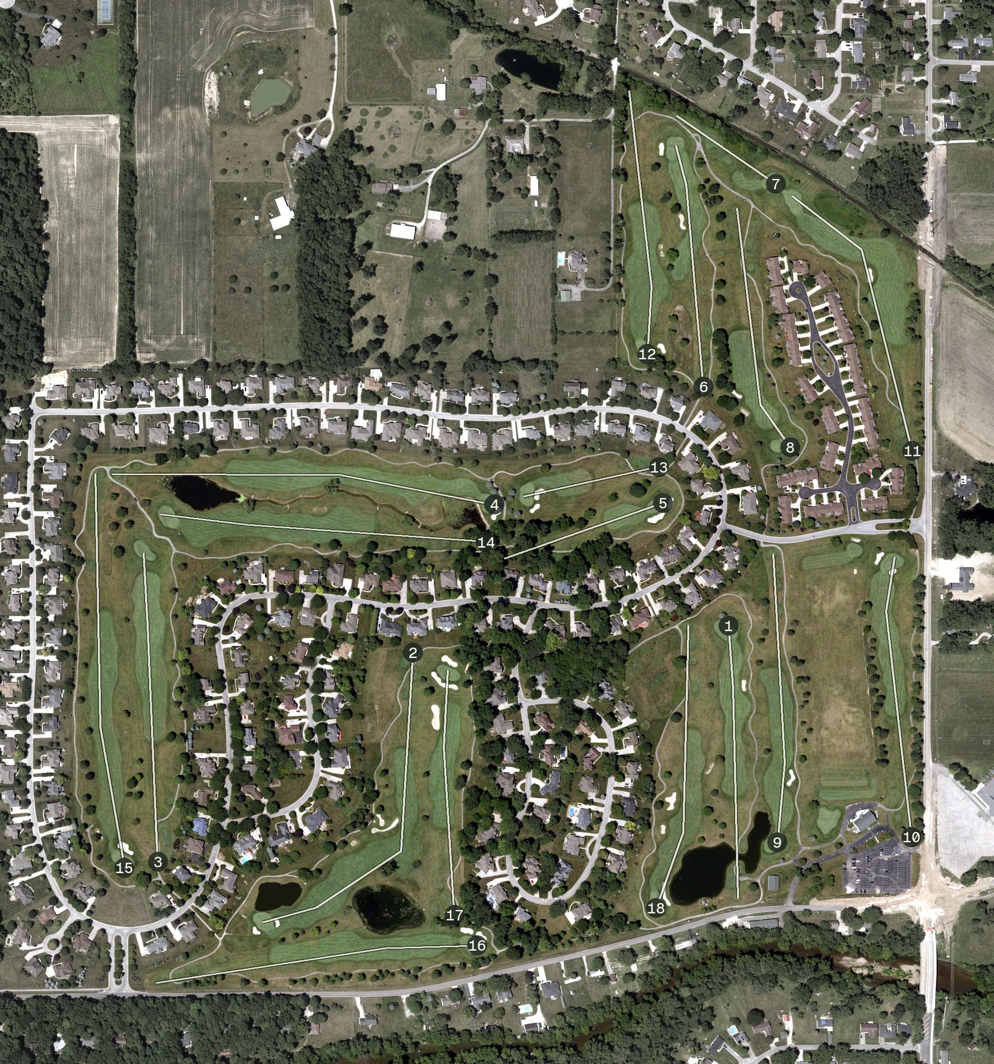 Aerial view of The Players Club at Woodland Trails, IN, with its hole routing marked