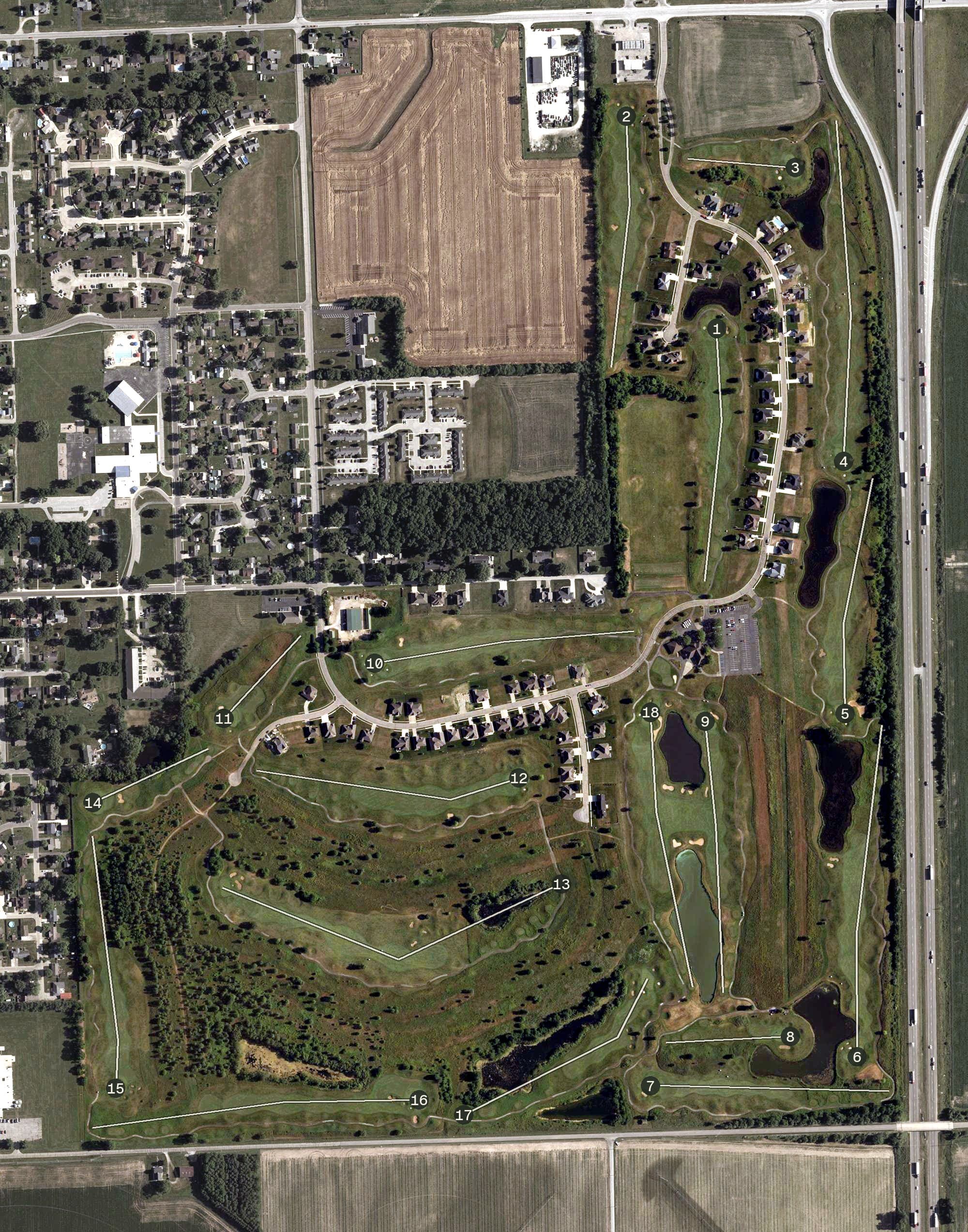 Aerial view of Timbergate Golf Course, IN, with its hole routing marked