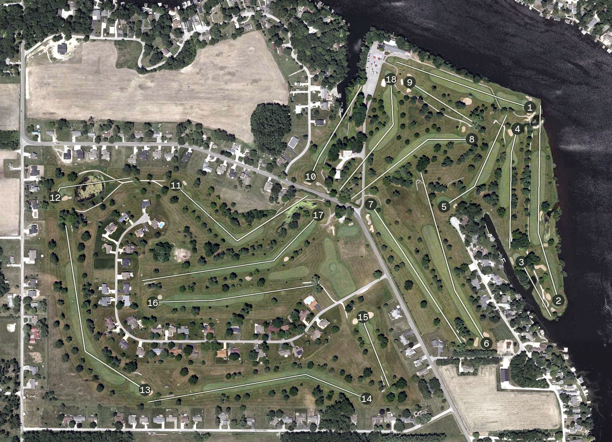 Aerial view of Tippecanoe Country Club, IN, with its hole routing marked
