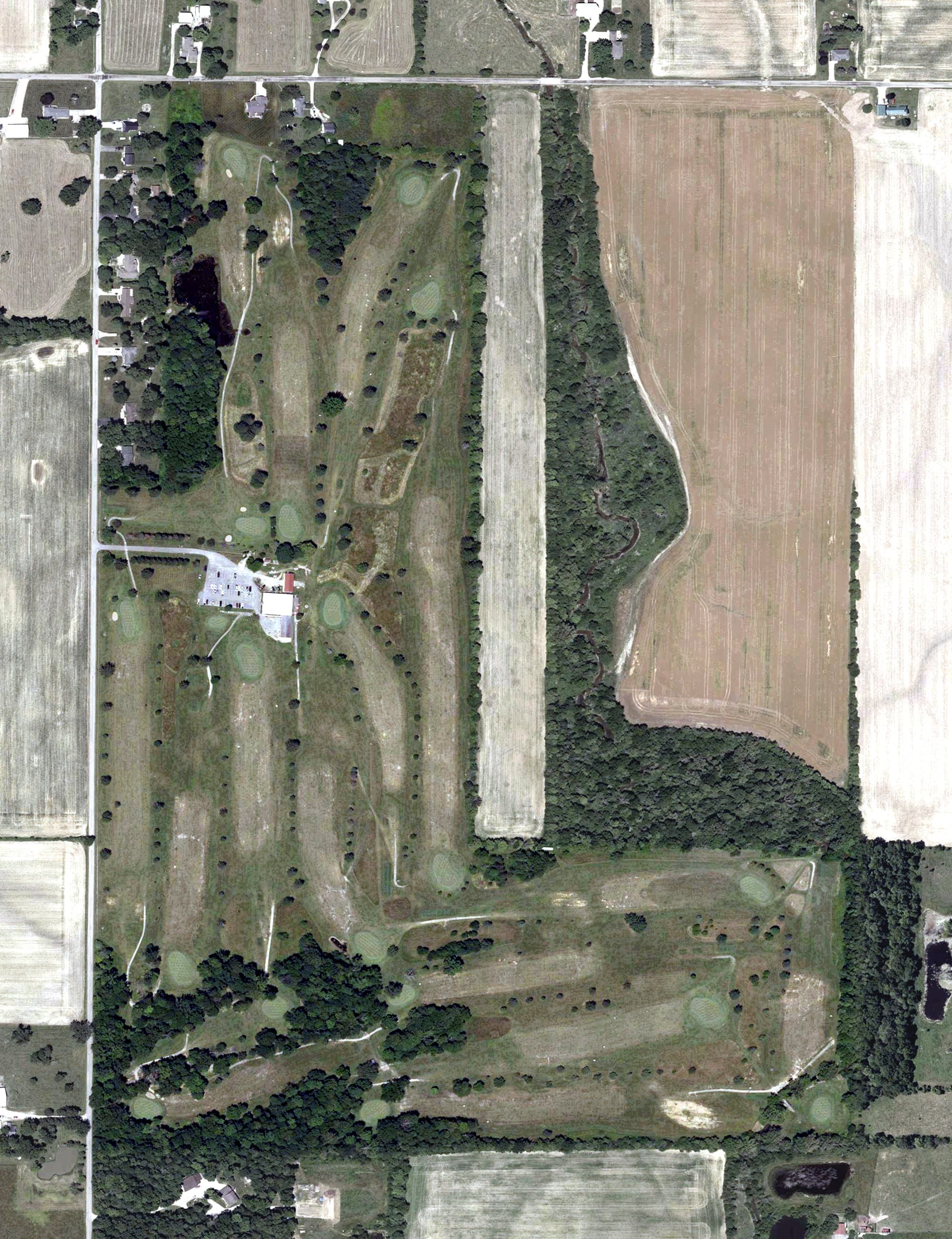 Aerial view of Tri-County Golf Club, IN, with its hole routing marked