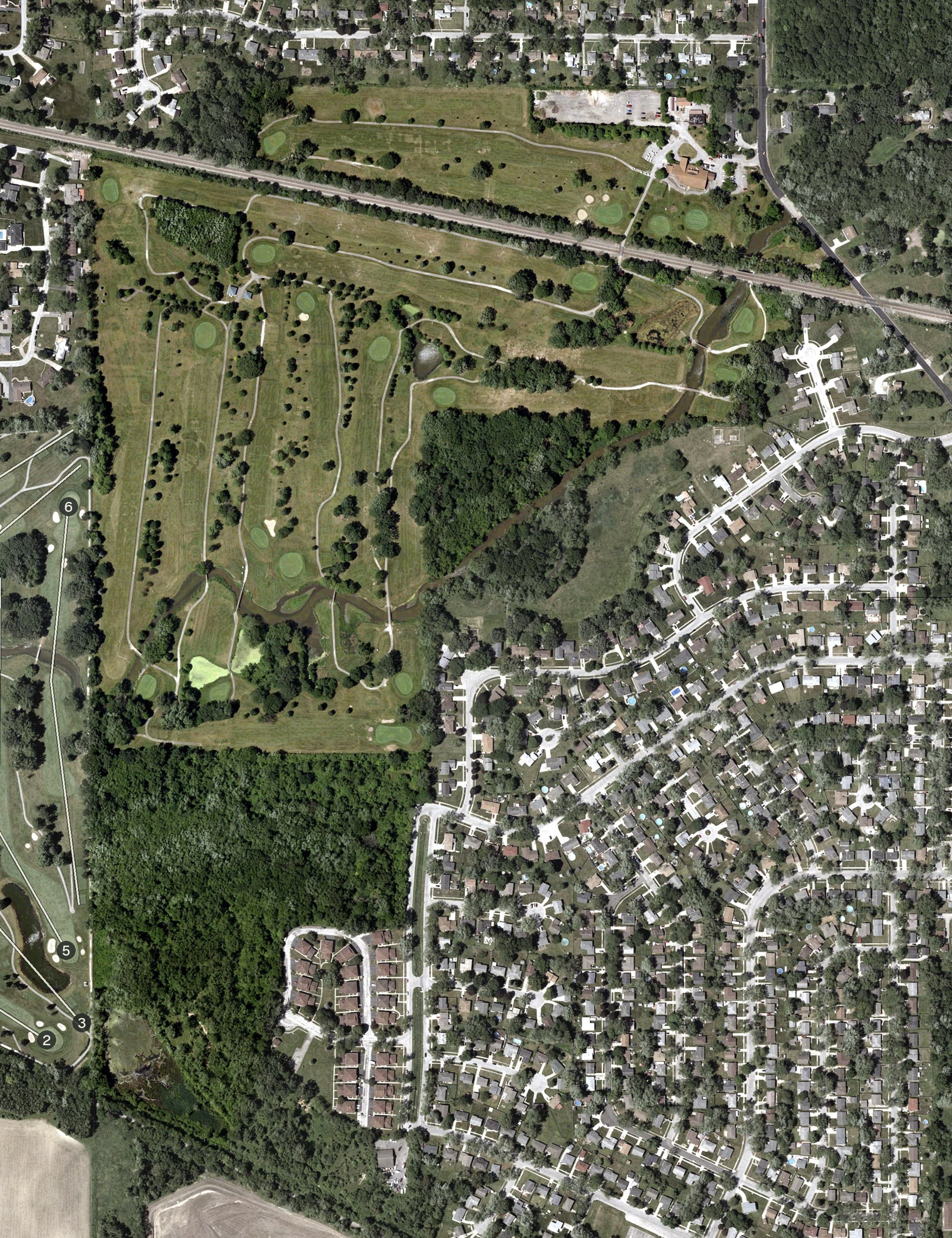 Aerial view of Turkey Creek Golf Course, IN, with its hole routing marked