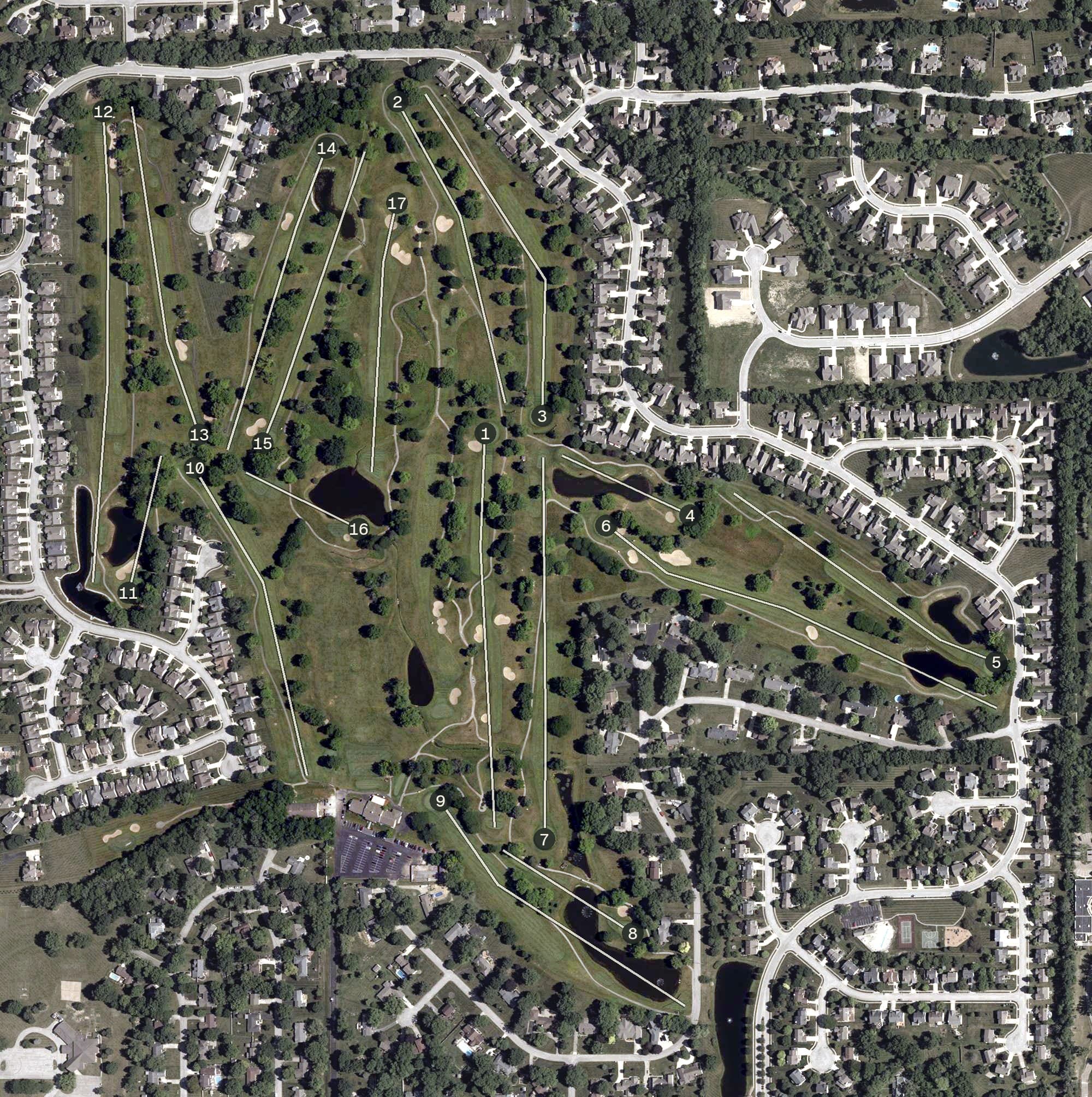 Aerial view of Twin Lakes Golf Club, IN, with its hole routing marked
