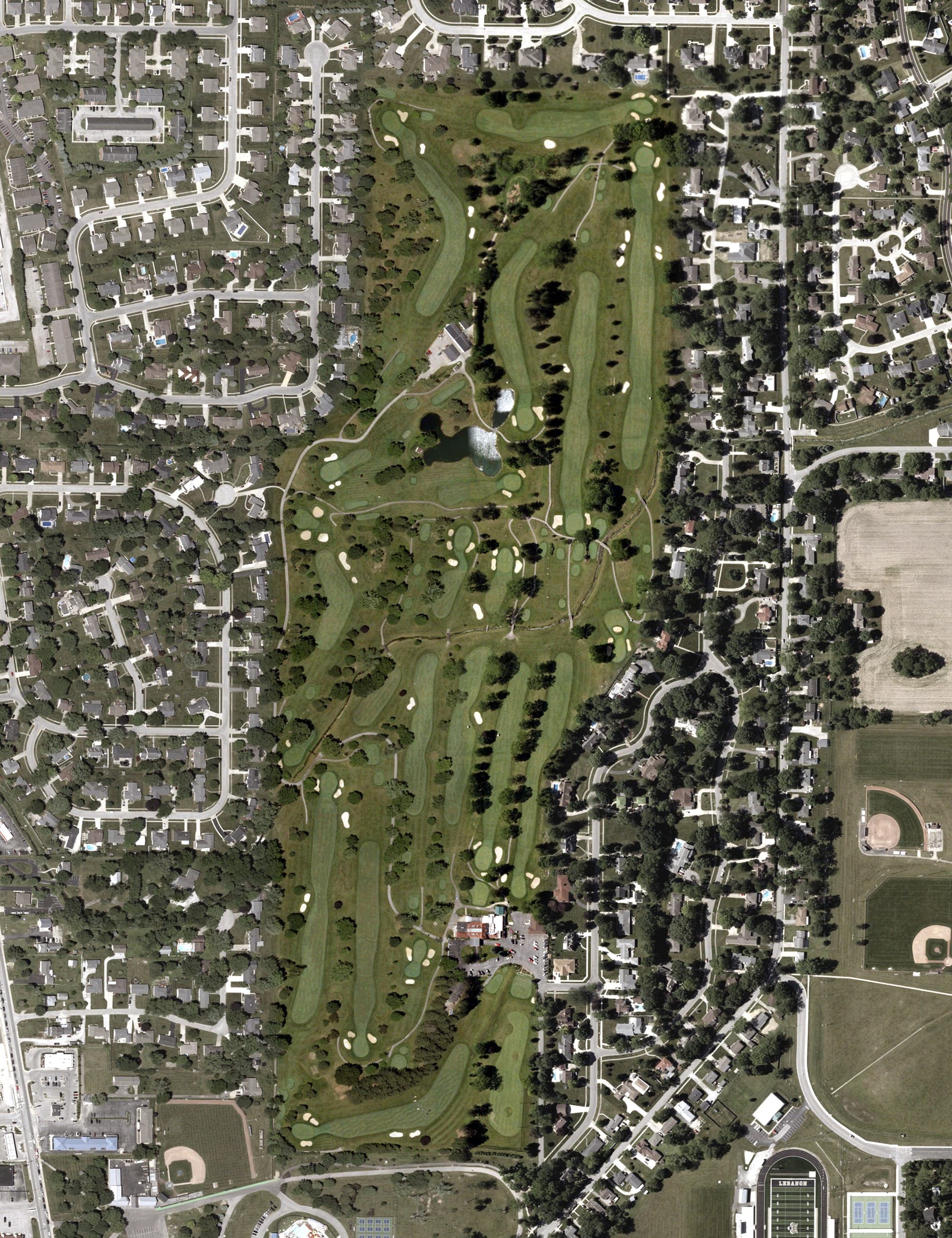 Aerial view of Ulen Country Club, IN, with its hole routing marked