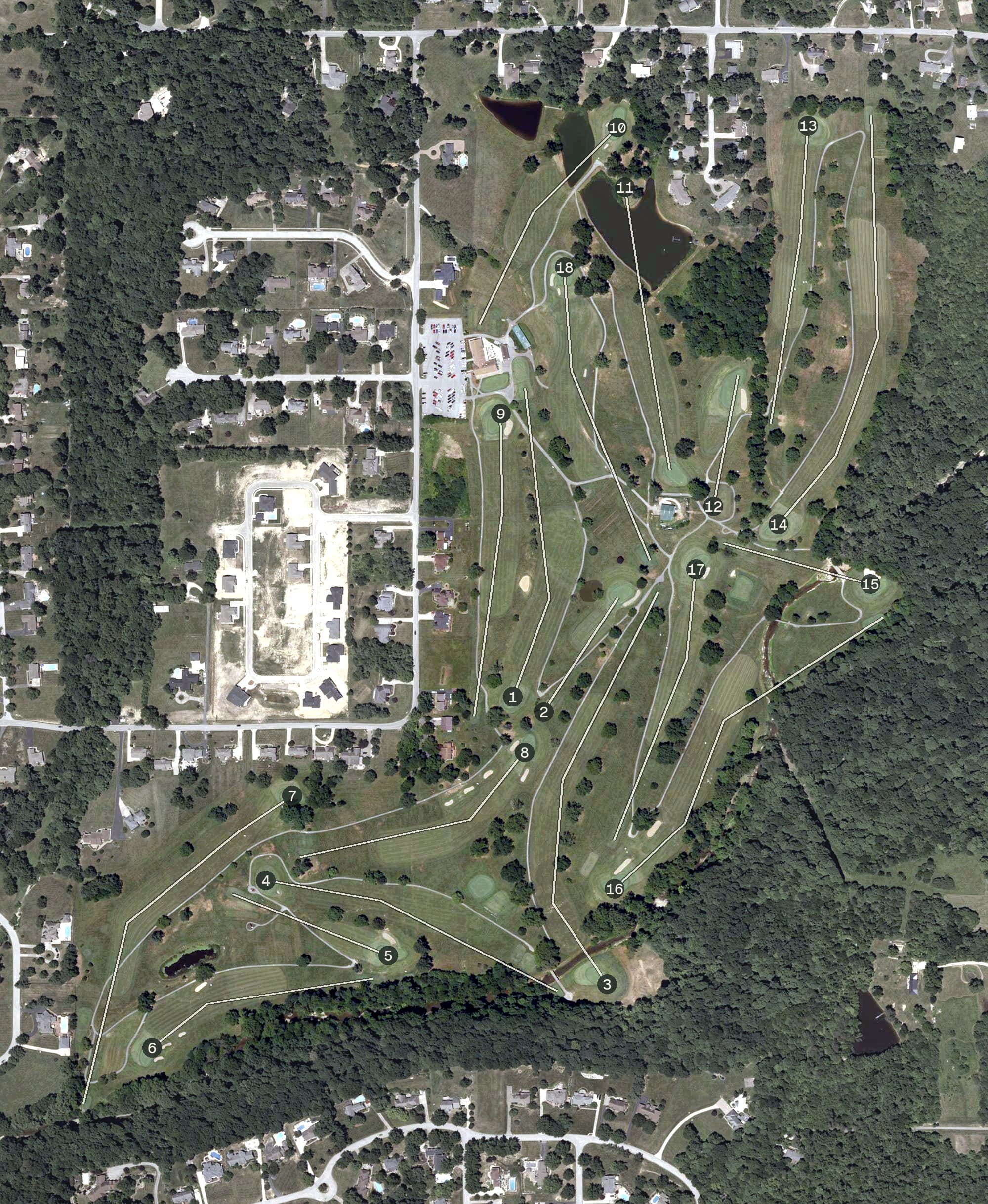Aerial view of Valley View Golf Course, IN, with its hole routing marked