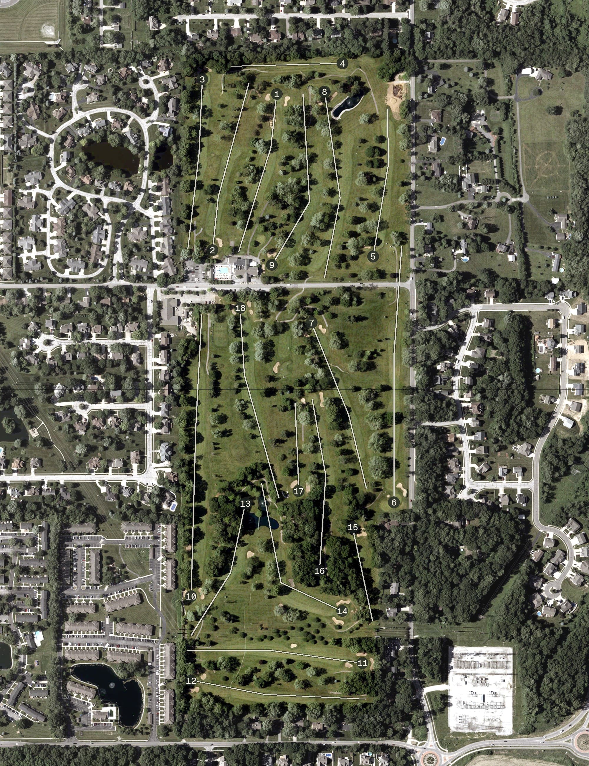 Aerial view of Valparaiso Country Club, IN, with its hole routing marked