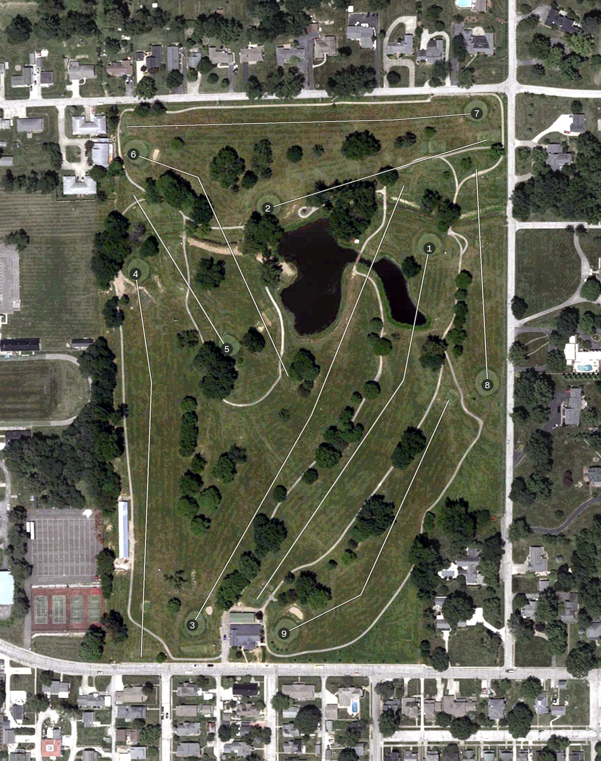 Aerial view of Washington Country Club, IN, with its hole routing marked