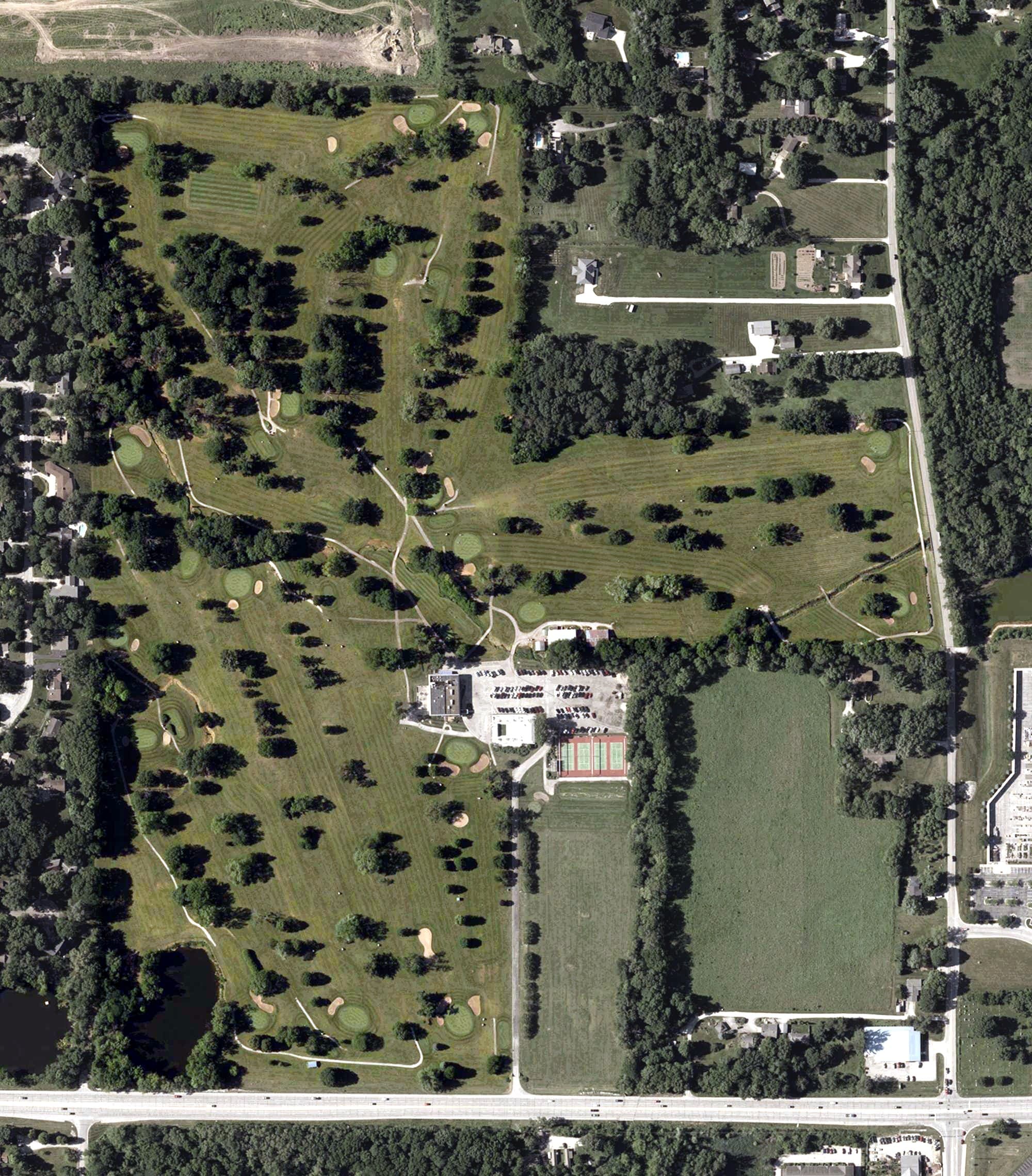 Aerial view of West Lafayette Golf Club, IN, with its hole routing marked