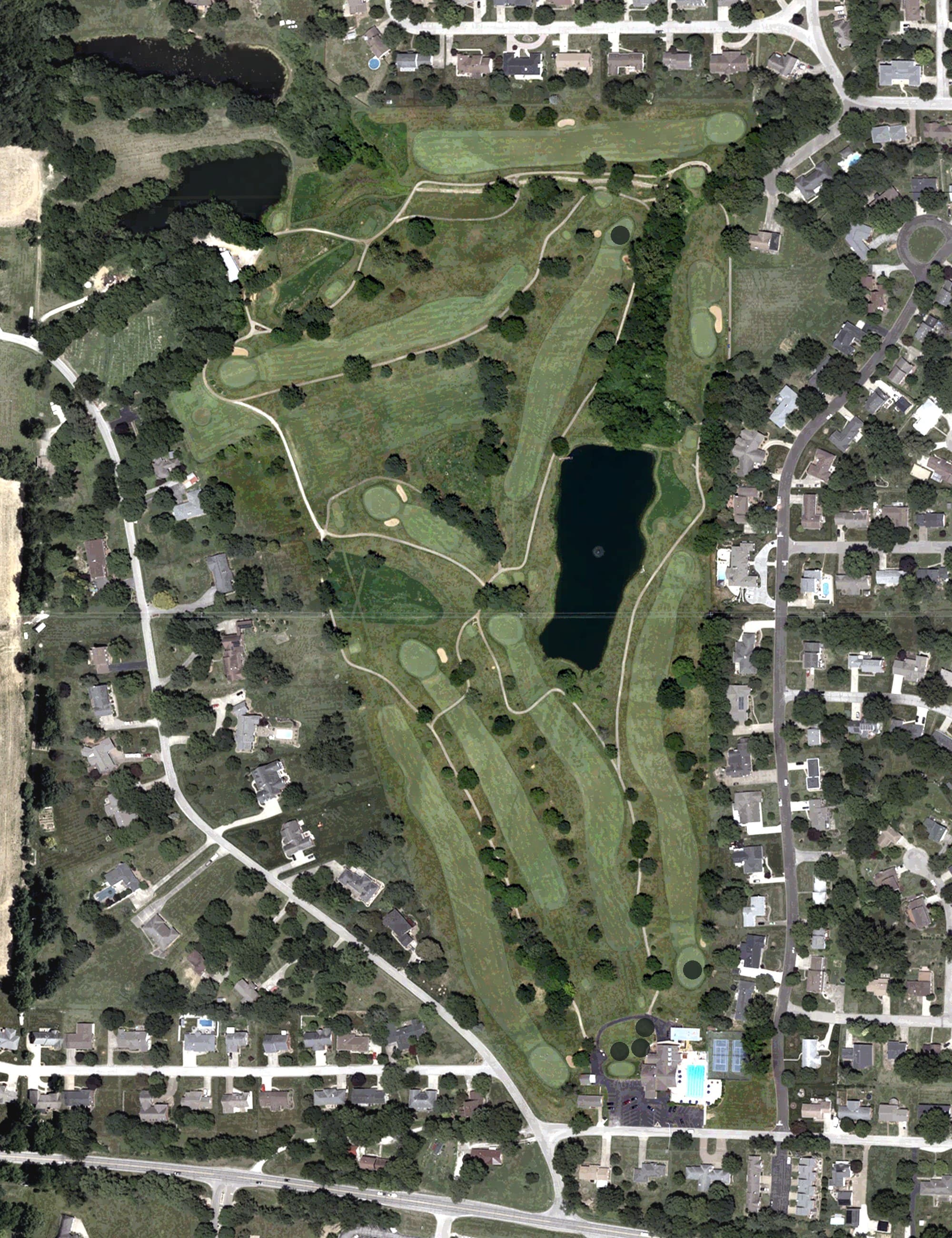Aerial view of Western Hills Country Club, IN, with its hole routing marked