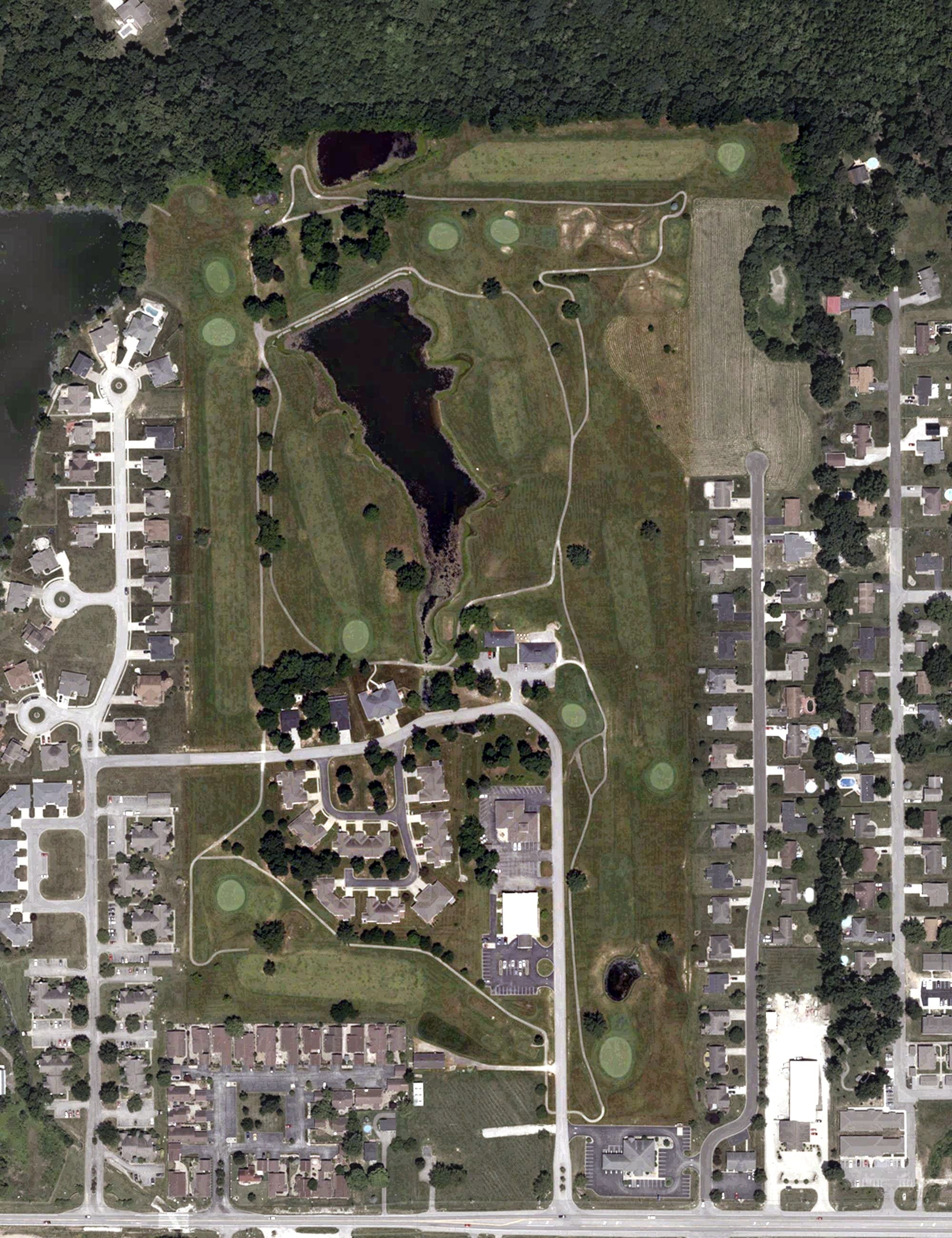 Aerial view of Westwood Golf Course, IN, with its hole routing marked