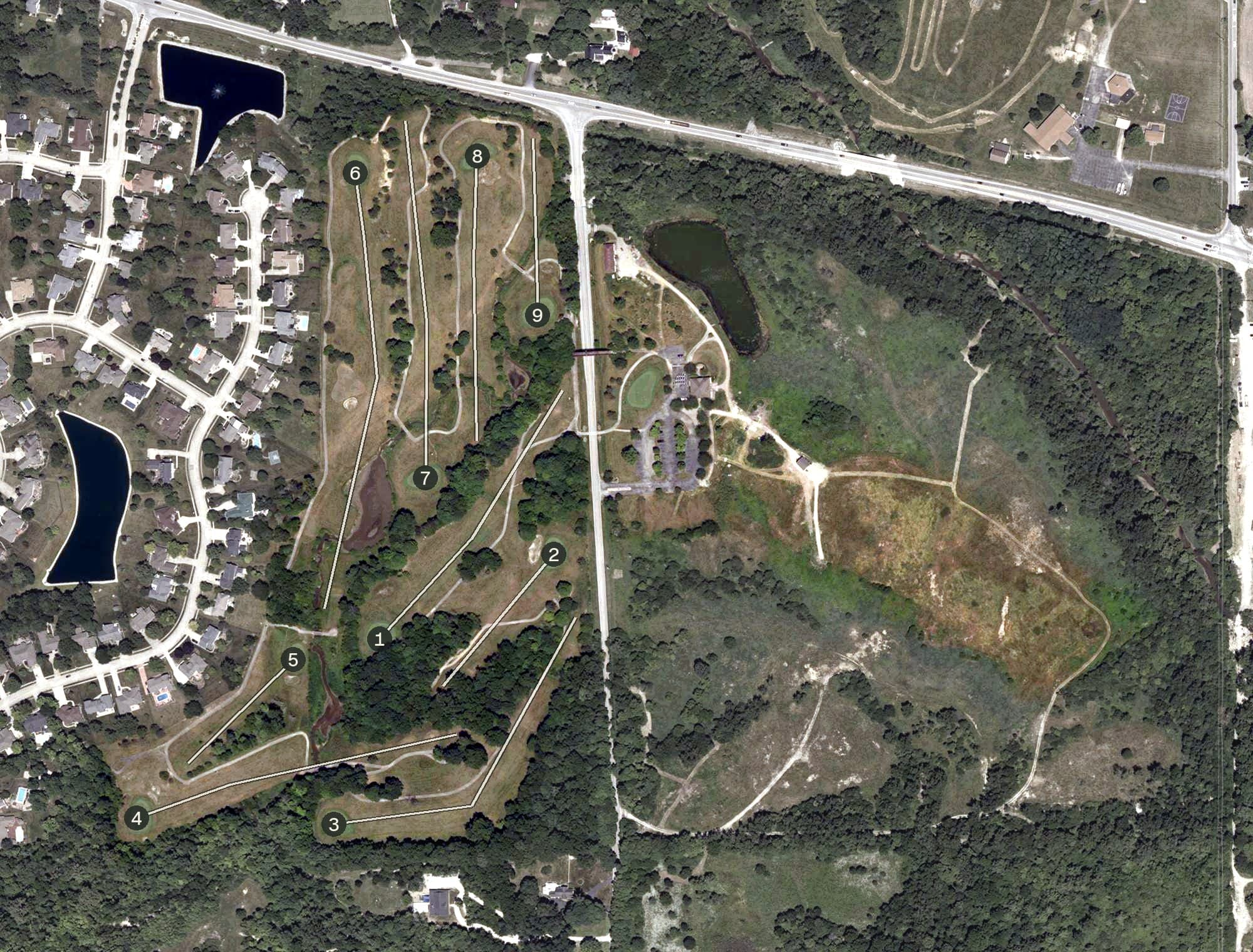Aerial view of Whispering Hills Golf Course, IN, with its hole routing marked