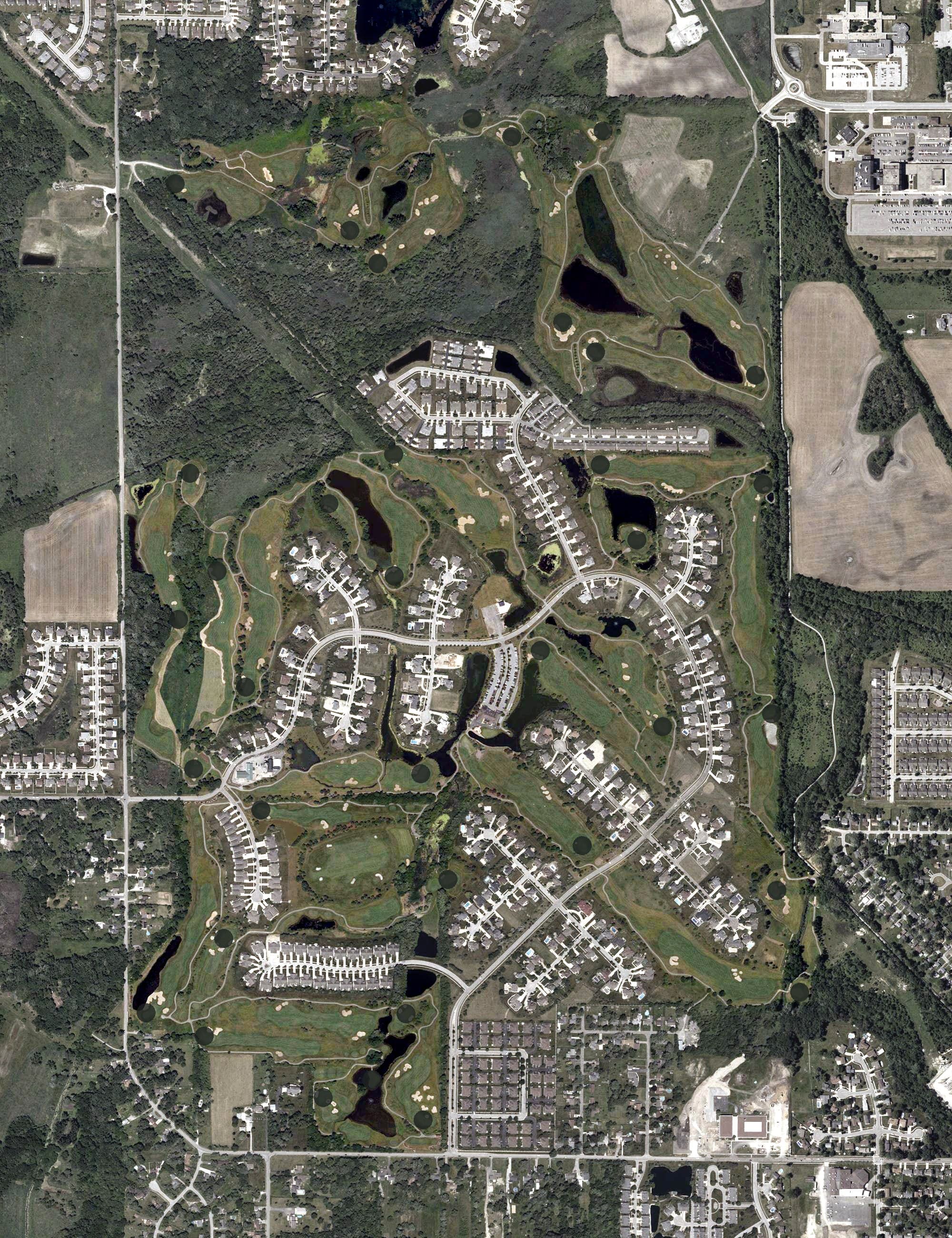 Aerial view of White Hawk Country Club, IN, with its hole routing marked