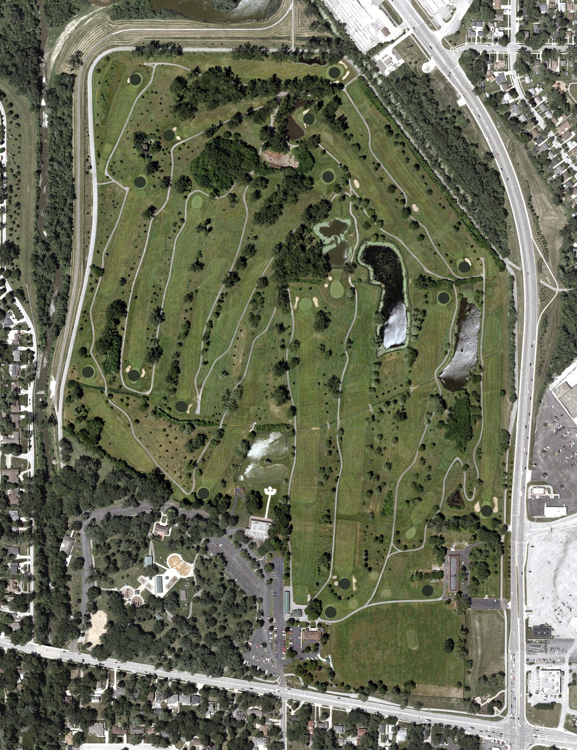 Aerial view of Wicker Memorial Park Golf Course, IN, with its hole routing marked