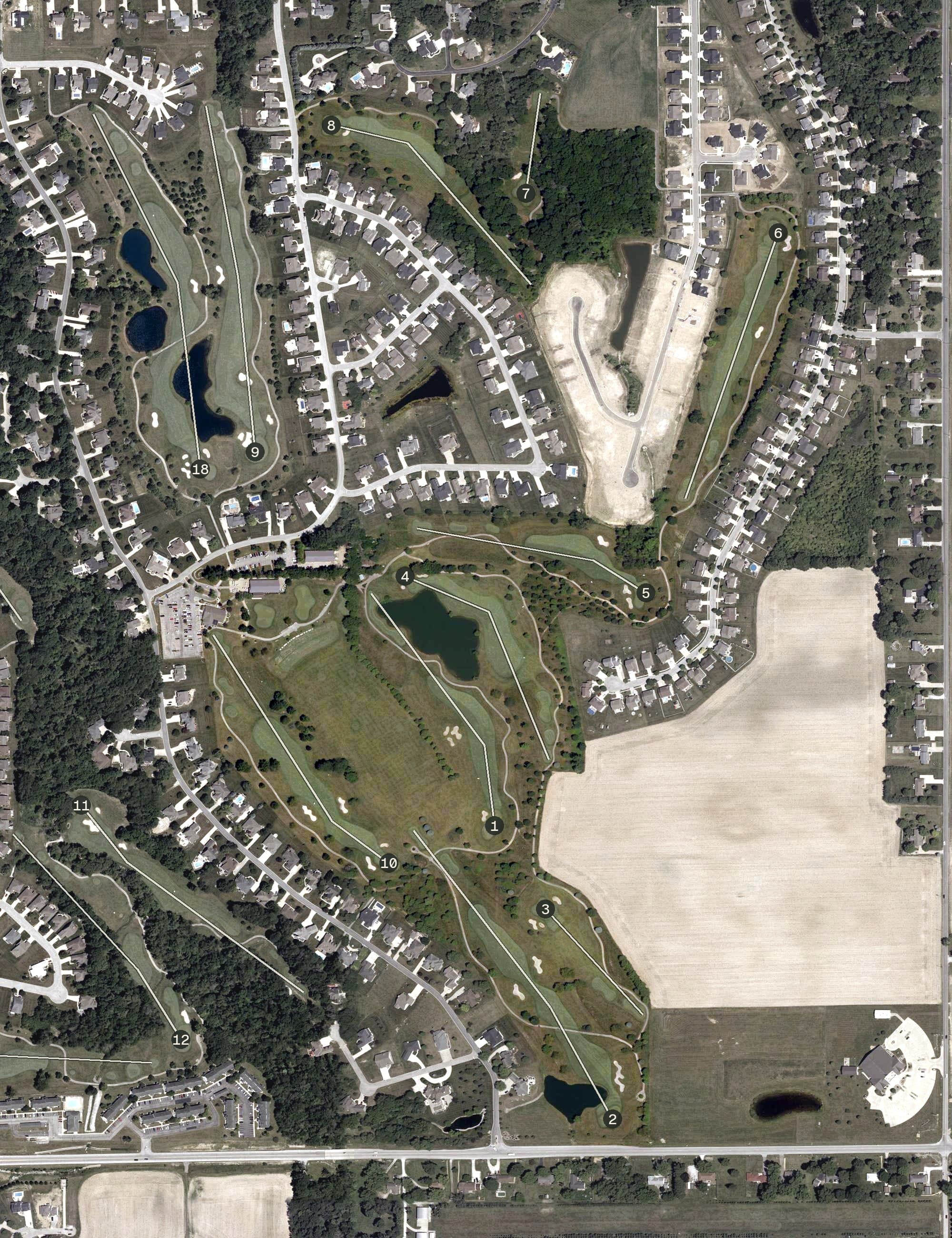 Aerial view of WIldcat Creek Golf Course, IN, with its hole routing marked