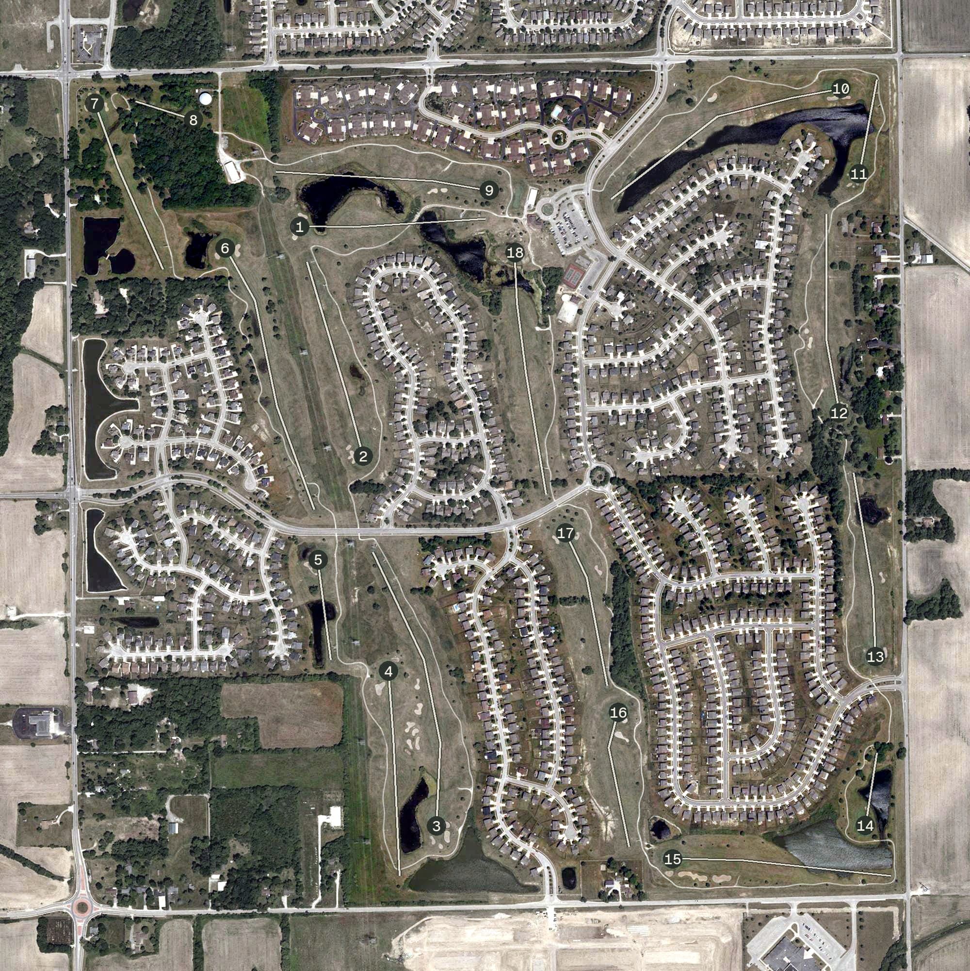 Aerial view of Winding Ridge Gold Cub, IN, with its hole routing marked
