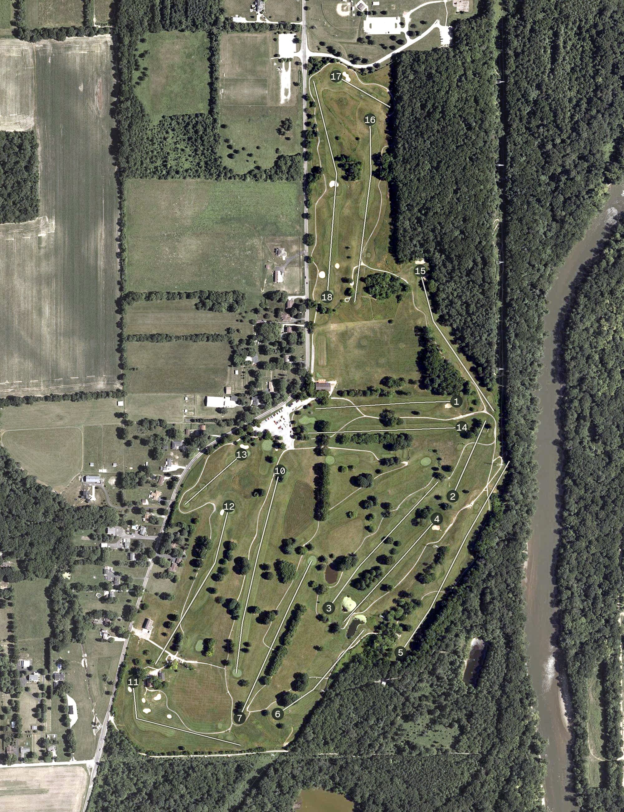 Aerial view of Winding River Golf Course, IN, with its hole routing marked