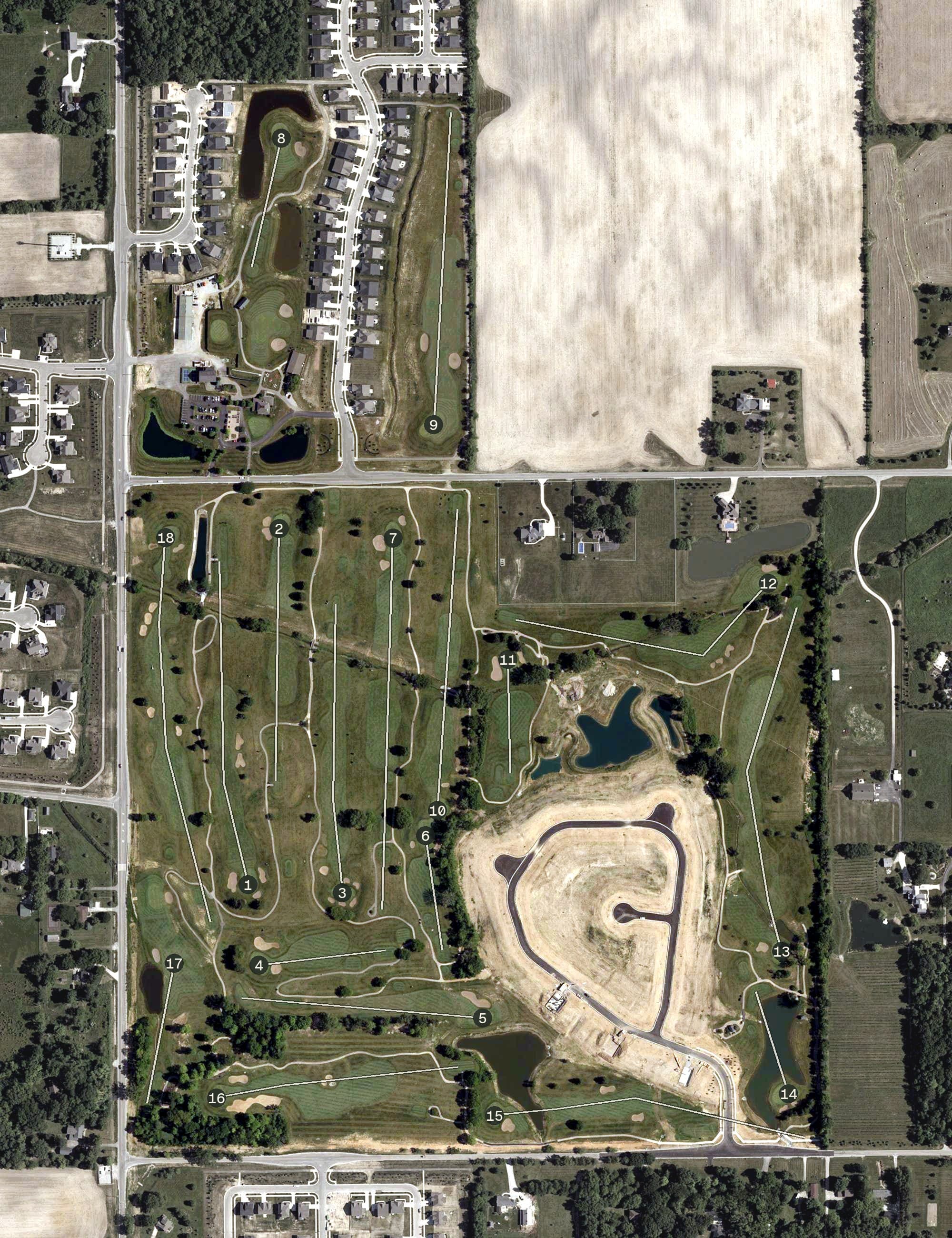 Aerial view of Wood Wind Golf Club, IN, with its hole routing marked