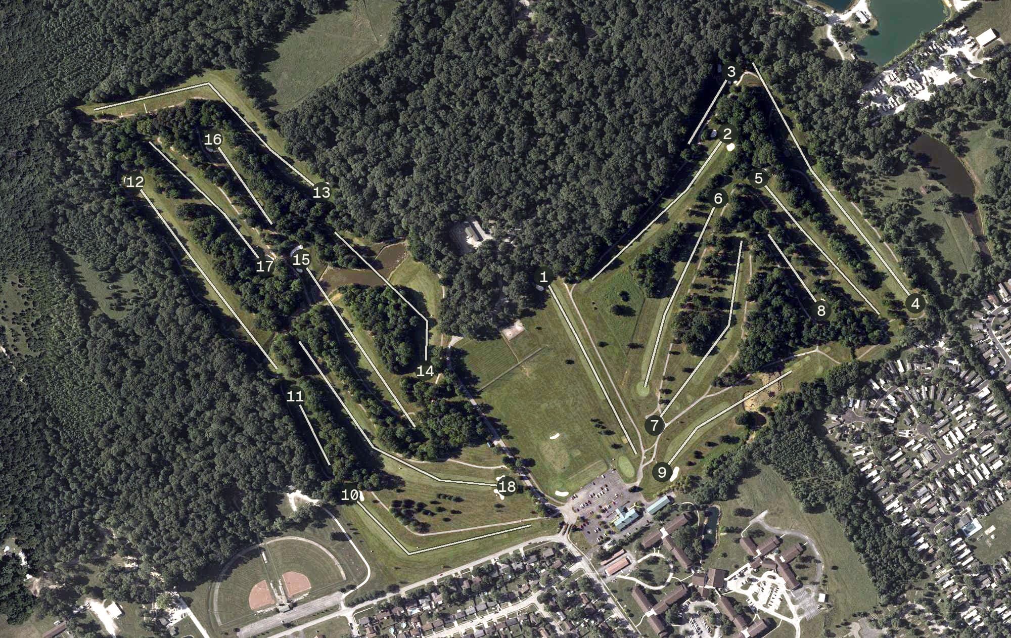 Aerial view of Wooded View Golf Course, IN, with its hole routing marked
