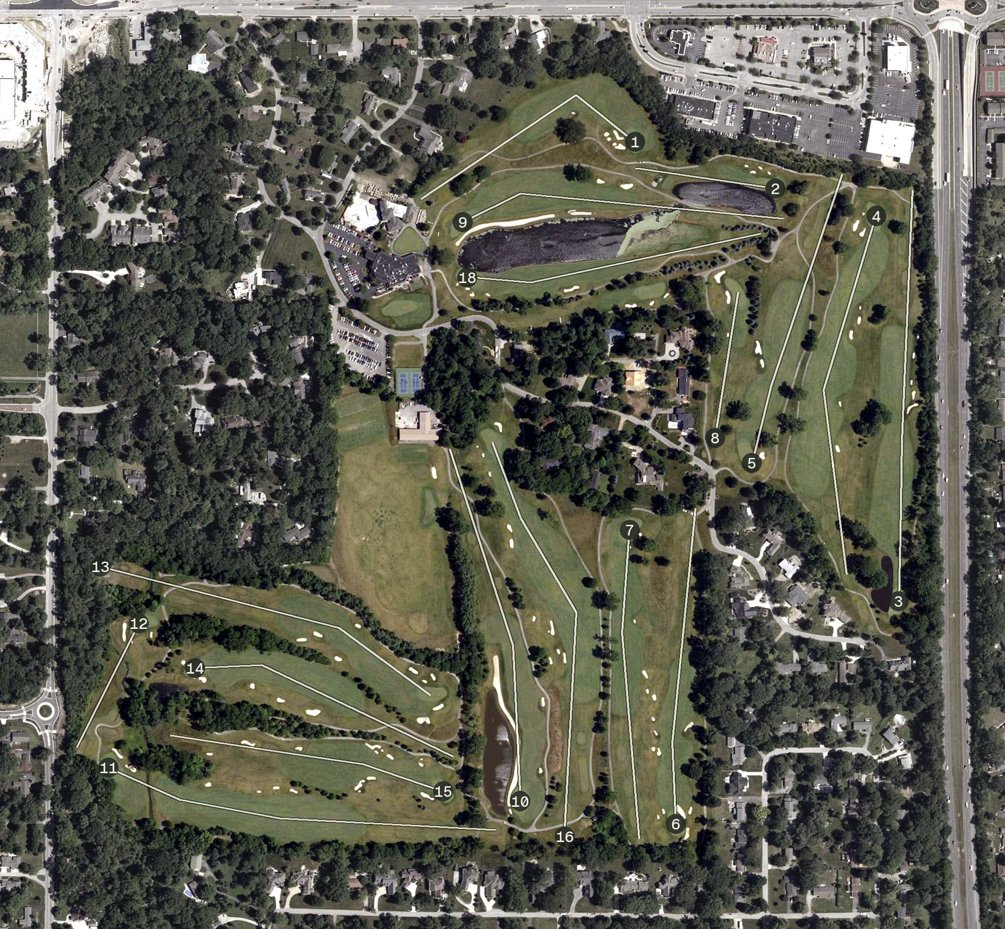 Aerial view of Woodland Country Club, IN, with its hole routing marked