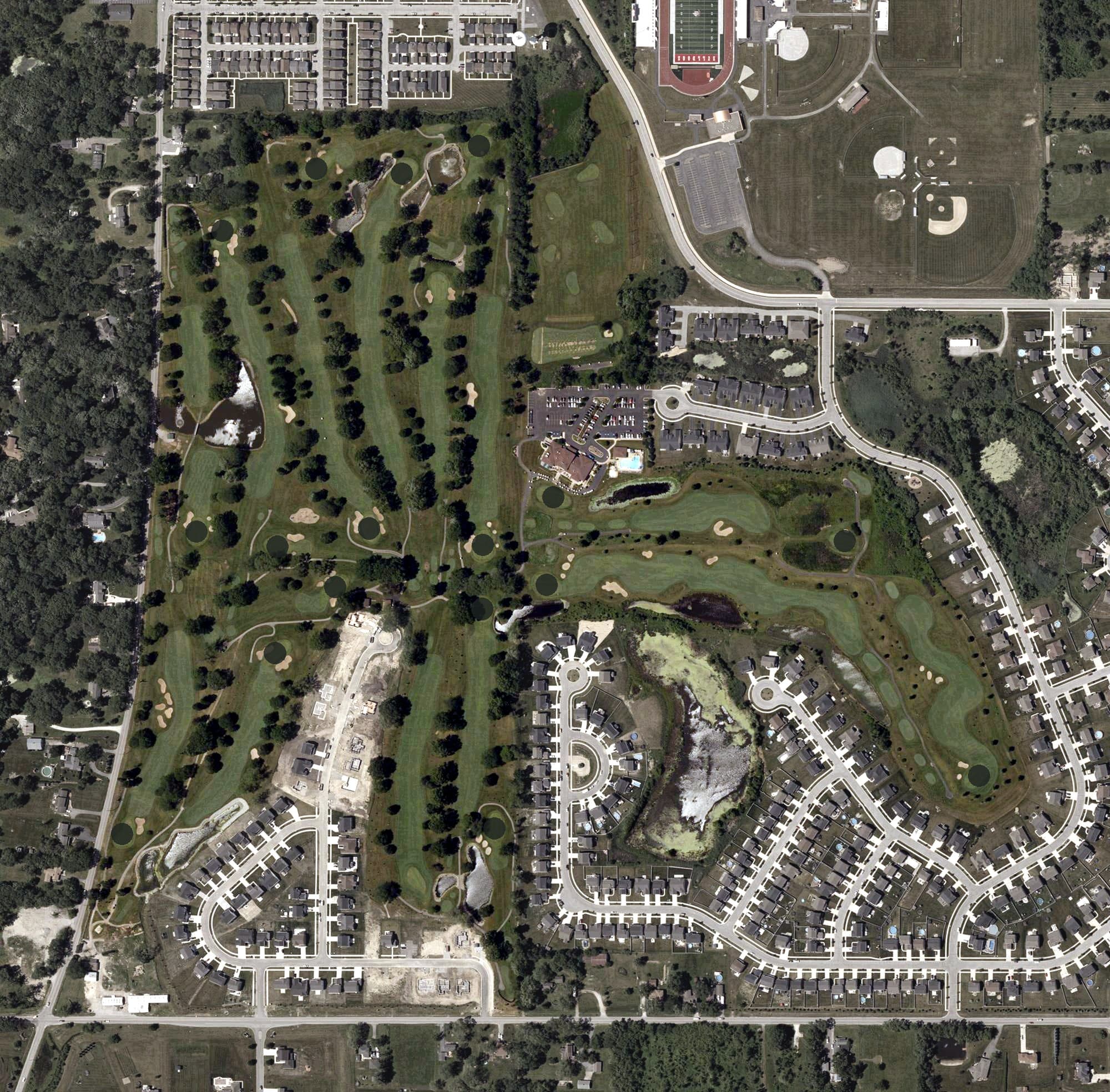 Aerial view of Youche Country Club, IN, with its hole routing marked