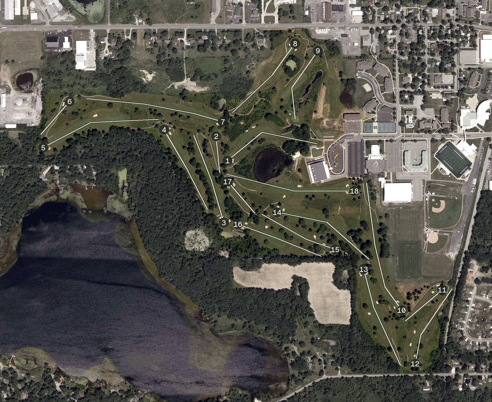 Aerial view of Zollner Golf Course, IN, with its hole routing marked