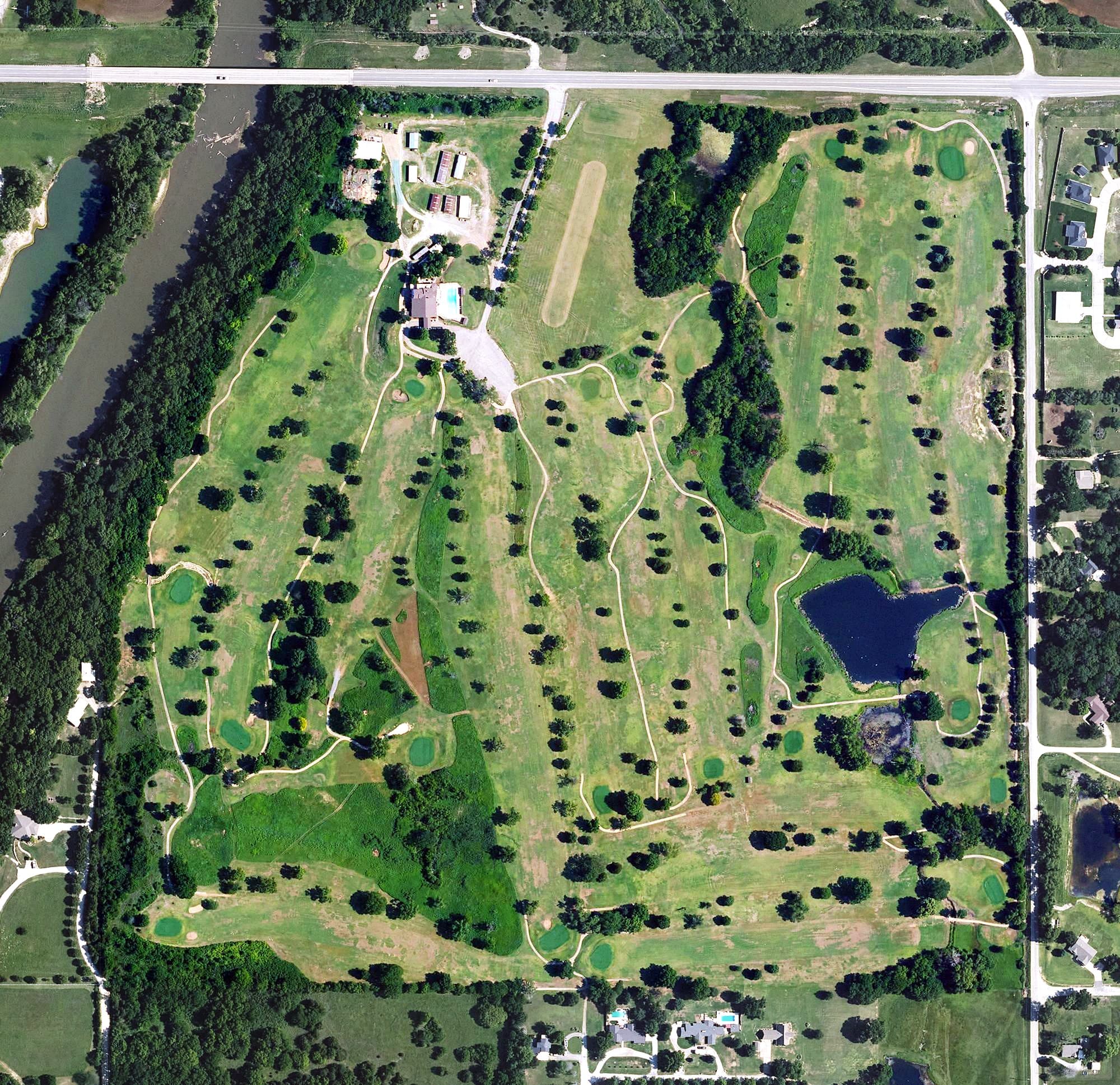 Aerial view of Arkansas City Country Club, KS, with its hole routing marked