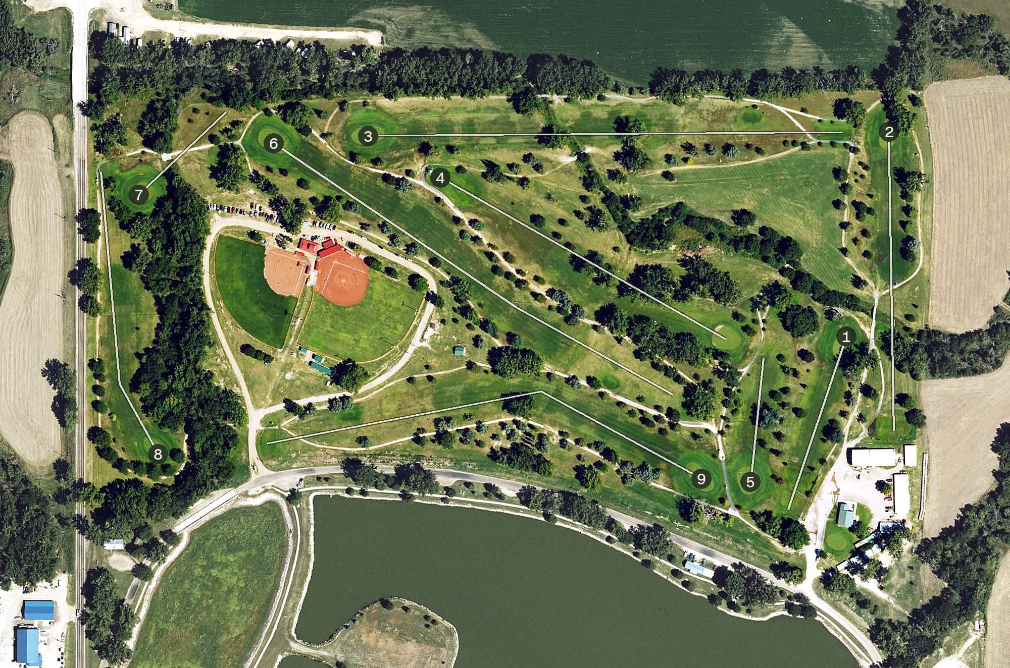 Aerial view of Atwood Country Club, KS, with its hole routing marked