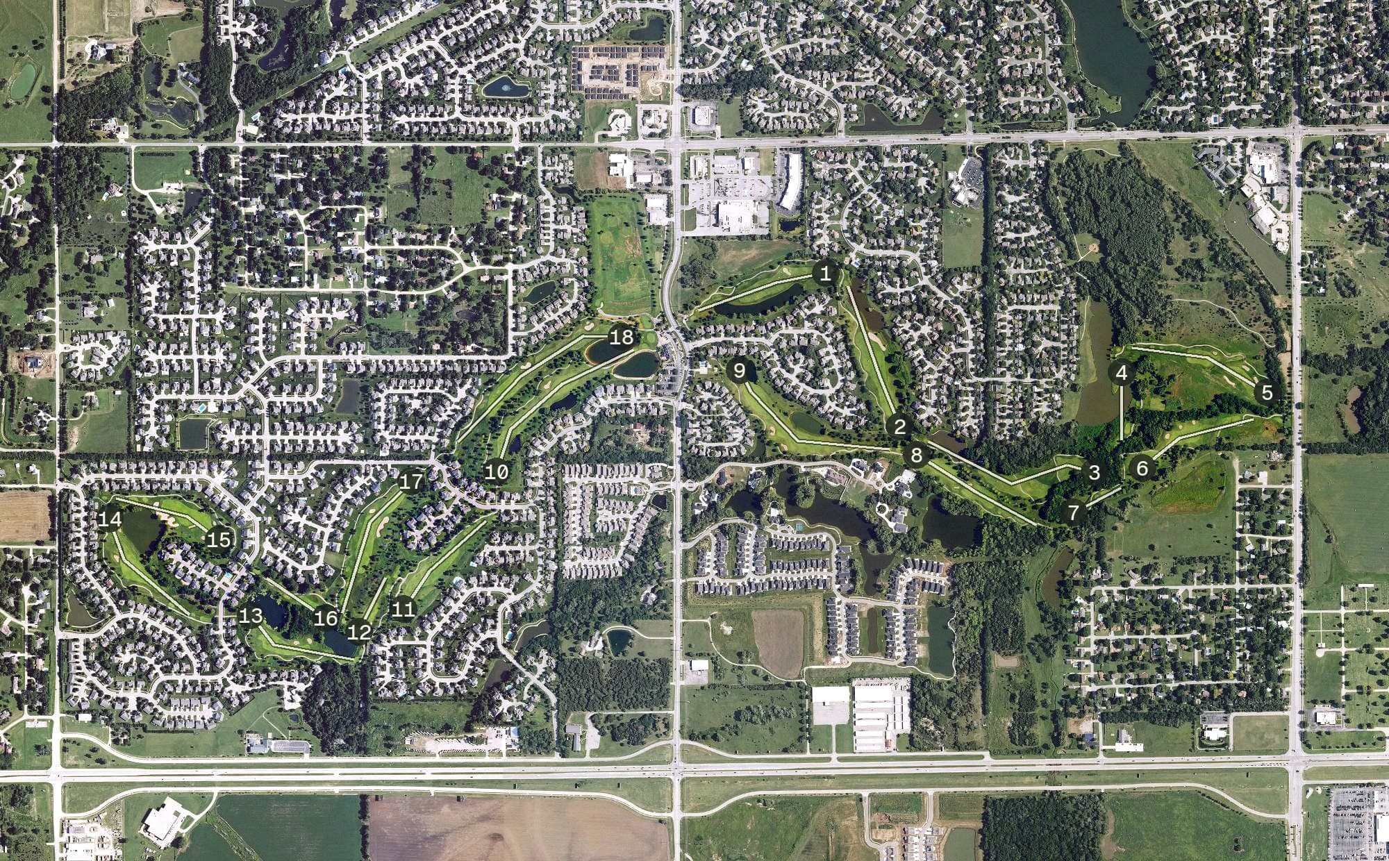 Aerial view of Auburn Hills Golf Course, KS, with its hole routing marked