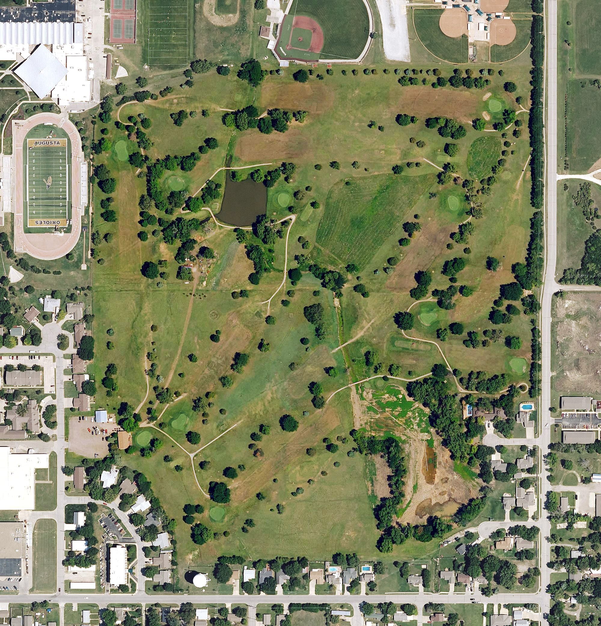 Aerial view of Augusta Country Club, KS, with its hole routing marked