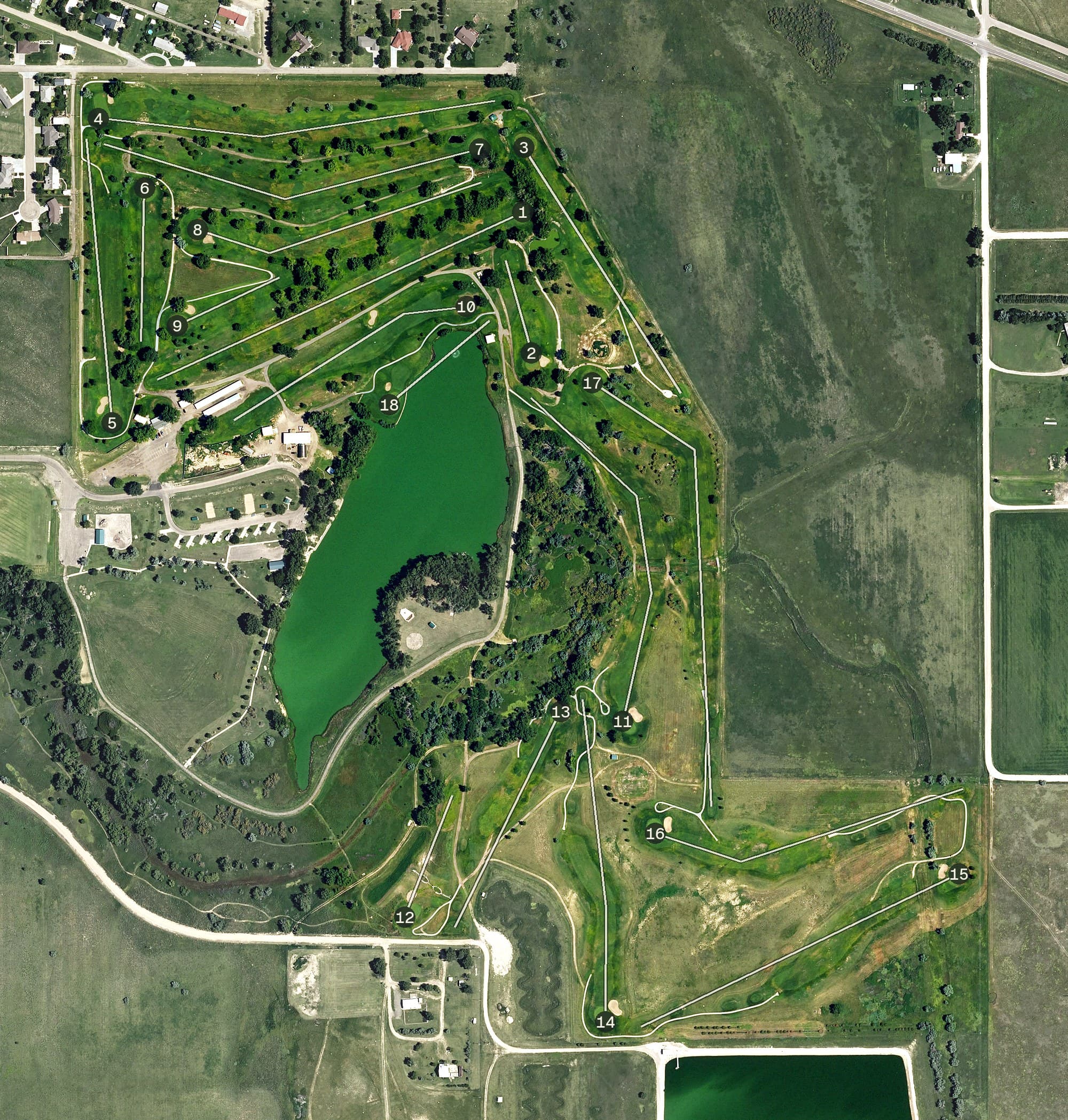 Aerial view of Bentwood Golf Course, KS, with its hole routing marked