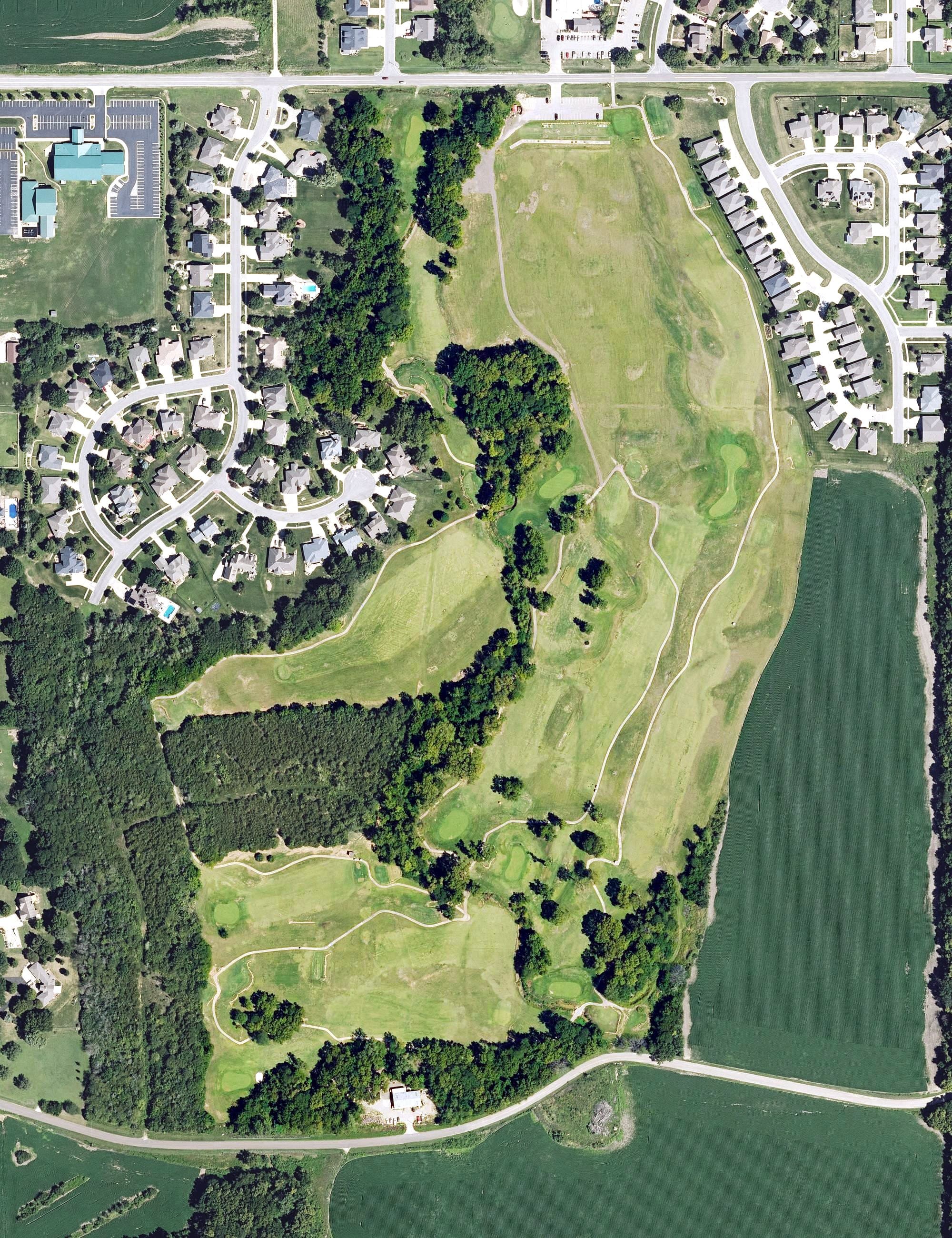 Aerial view of Berkshire Country Club, KS, with its hole routing marked