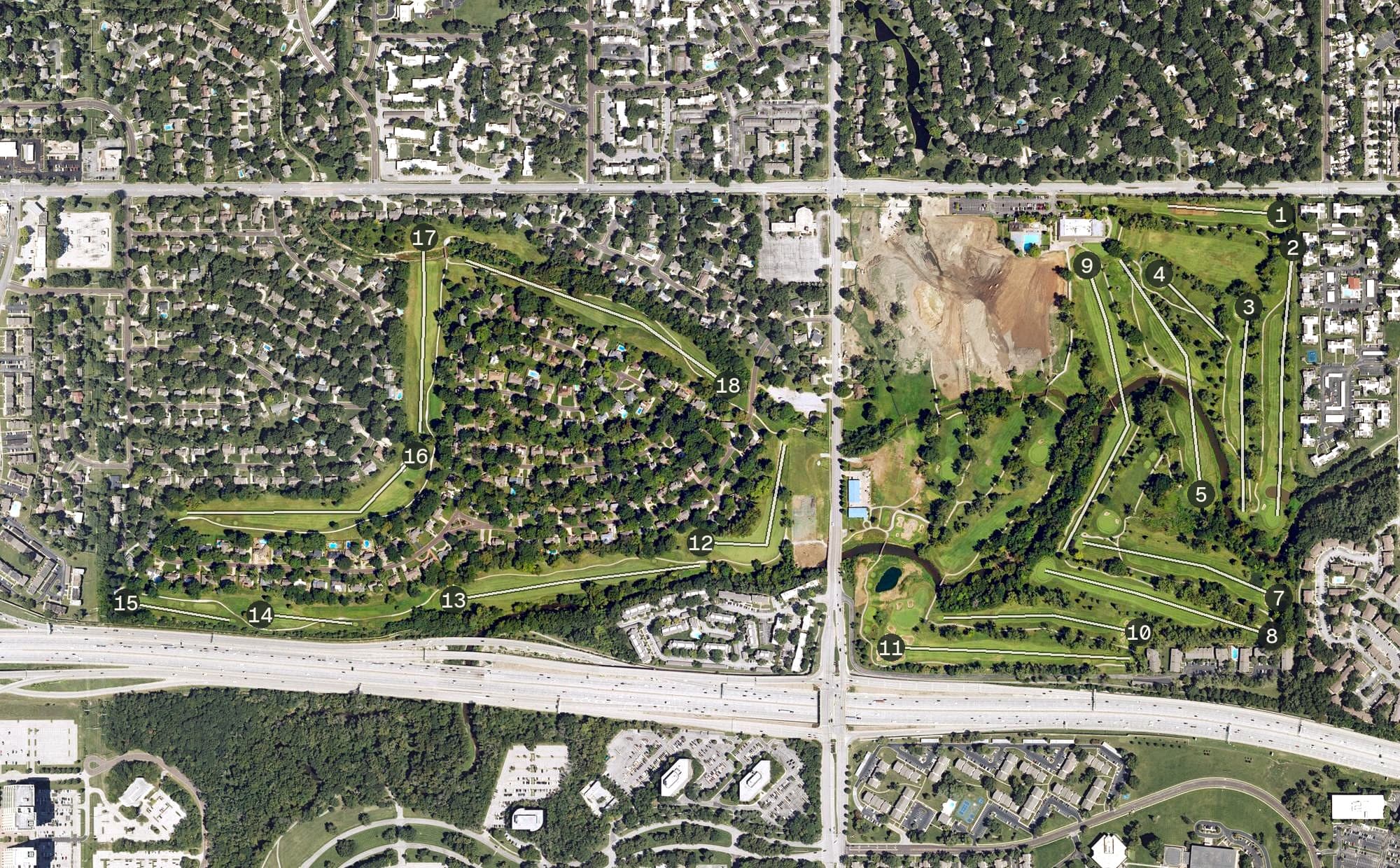 Aerial view of Brookridge Golf Club, KS, with its hole routing marked