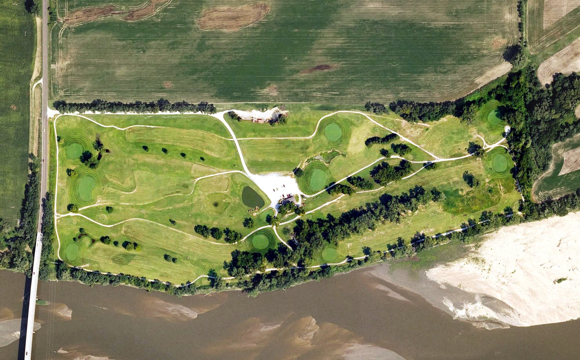 Aerial view of Burning Tree Golf Club, KS, with its hole routing marked