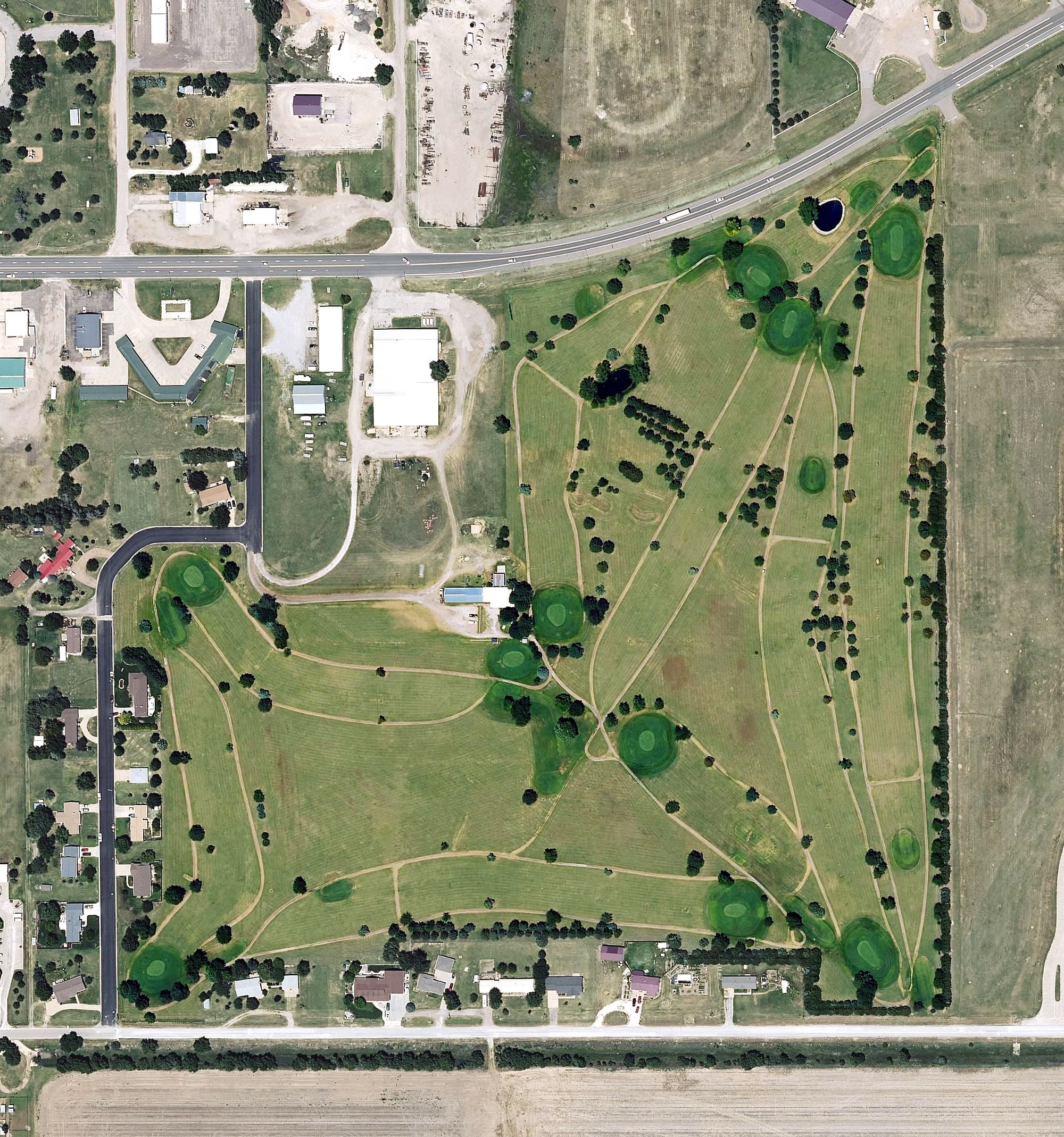 Aerial view of Cannonball Golf Course, KS, with its hole routing marked