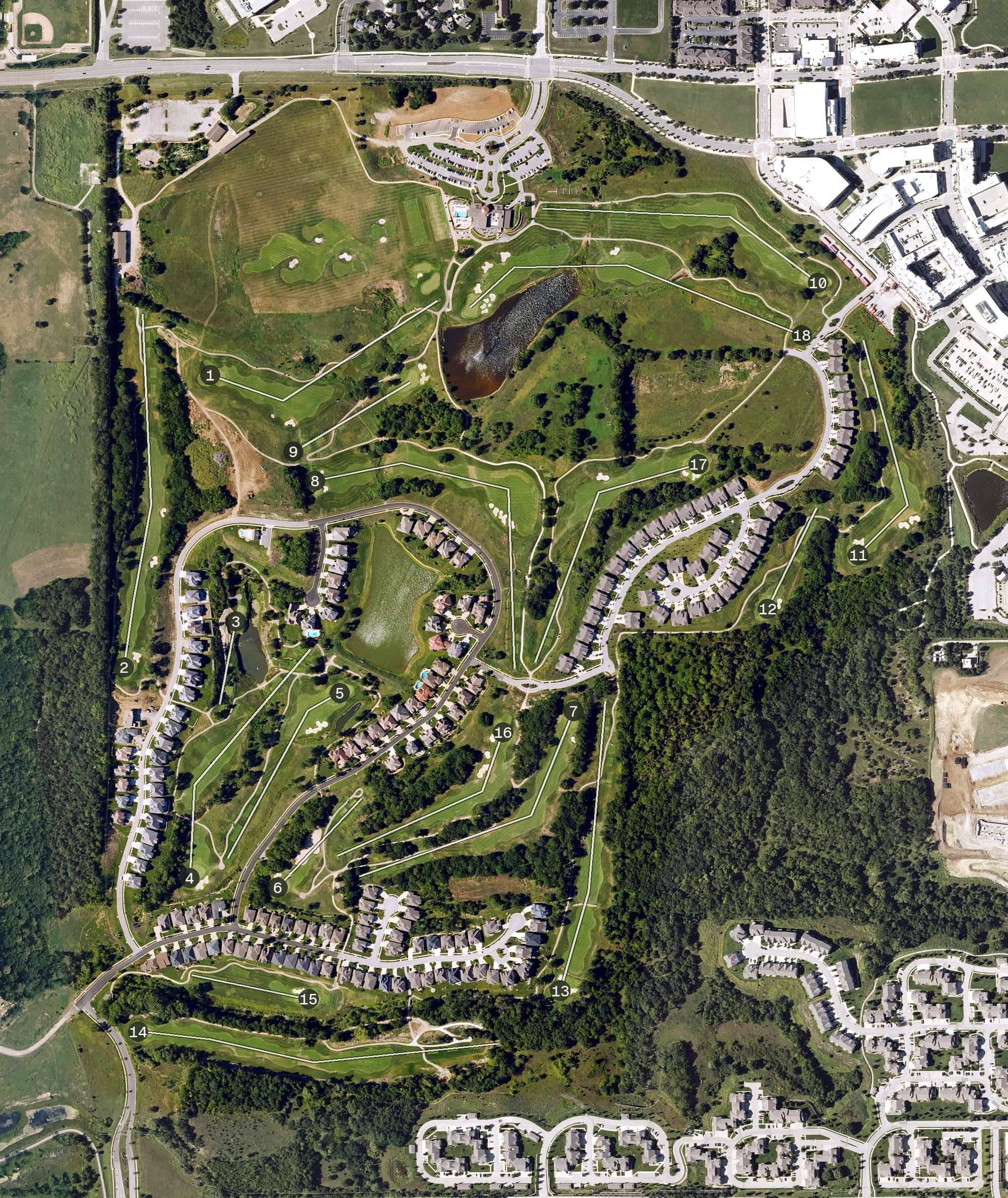 Aerial view of Canyon Farms Golf Club, KS, with its hole routing marked