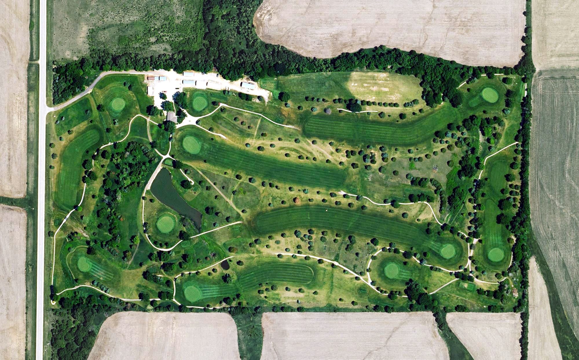 Aerial view of Cedar Hills Golf Course, KS, with its hole routing marked