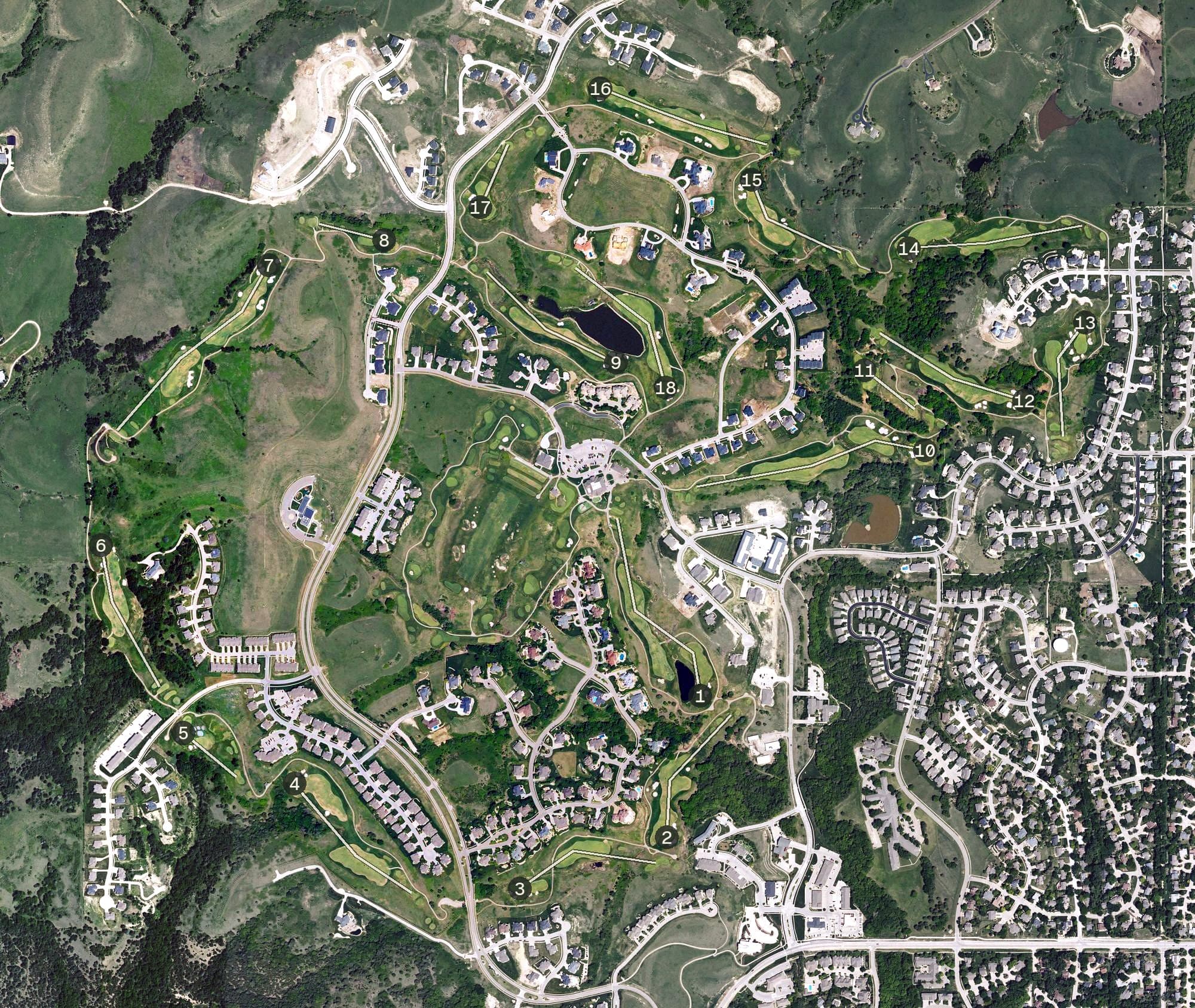 Aerial view of Colbert Hills Golf Course, KS, with its hole routing marked