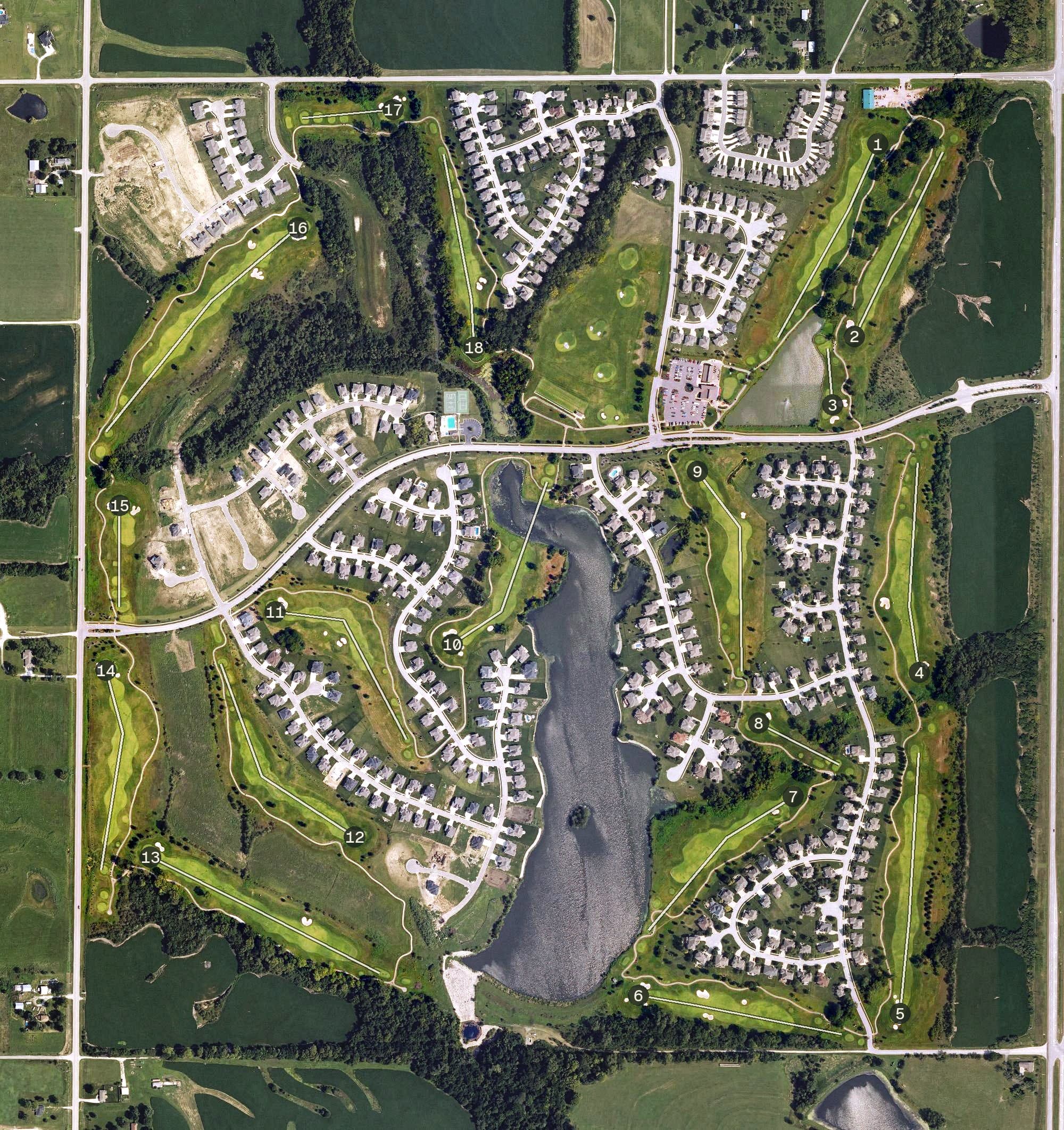Aerial view of Falcon Lakes Golf Club, KS, with its hole routing marked