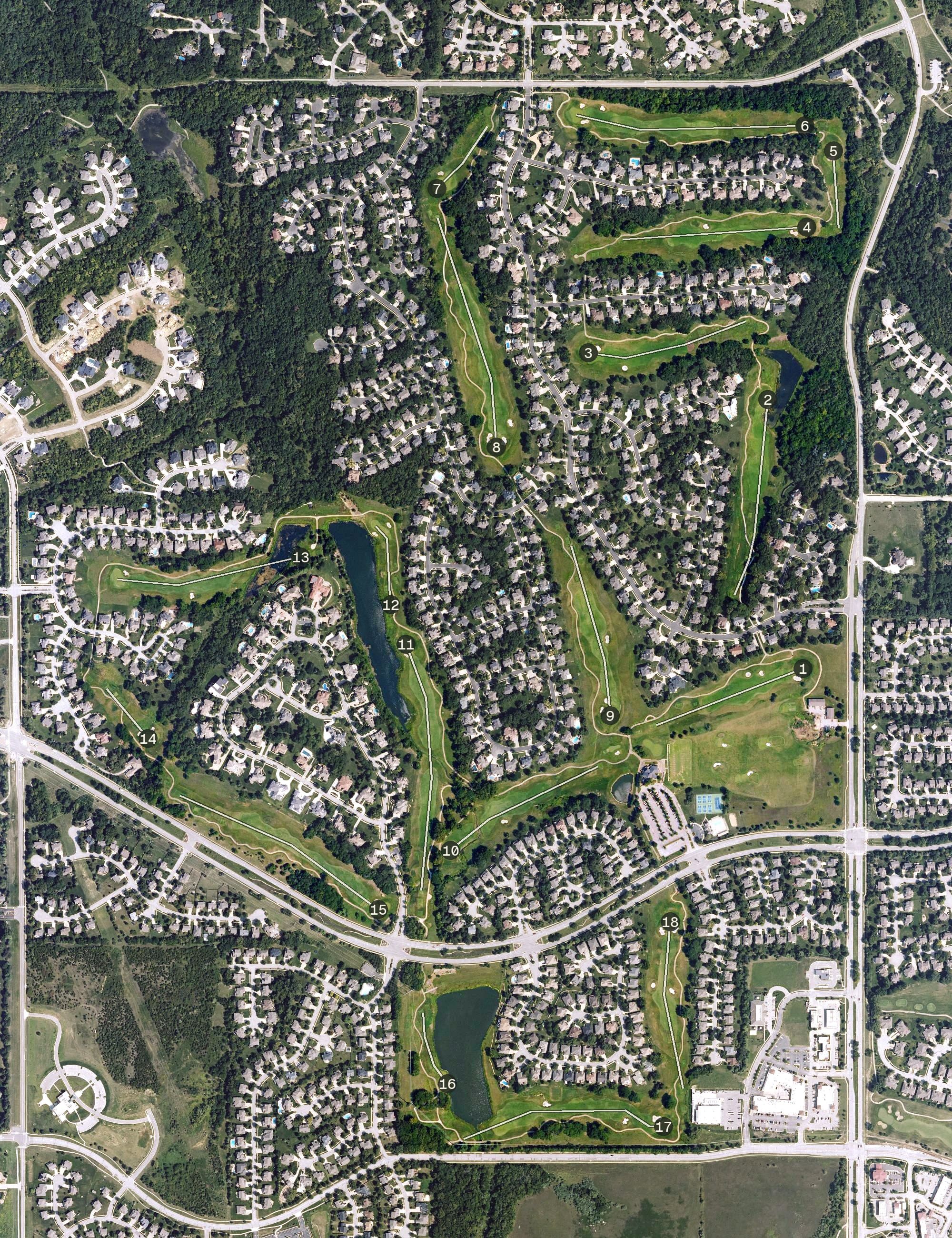Aerial view of Falcon Ridge Golf Course, KS, with its hole routing marked