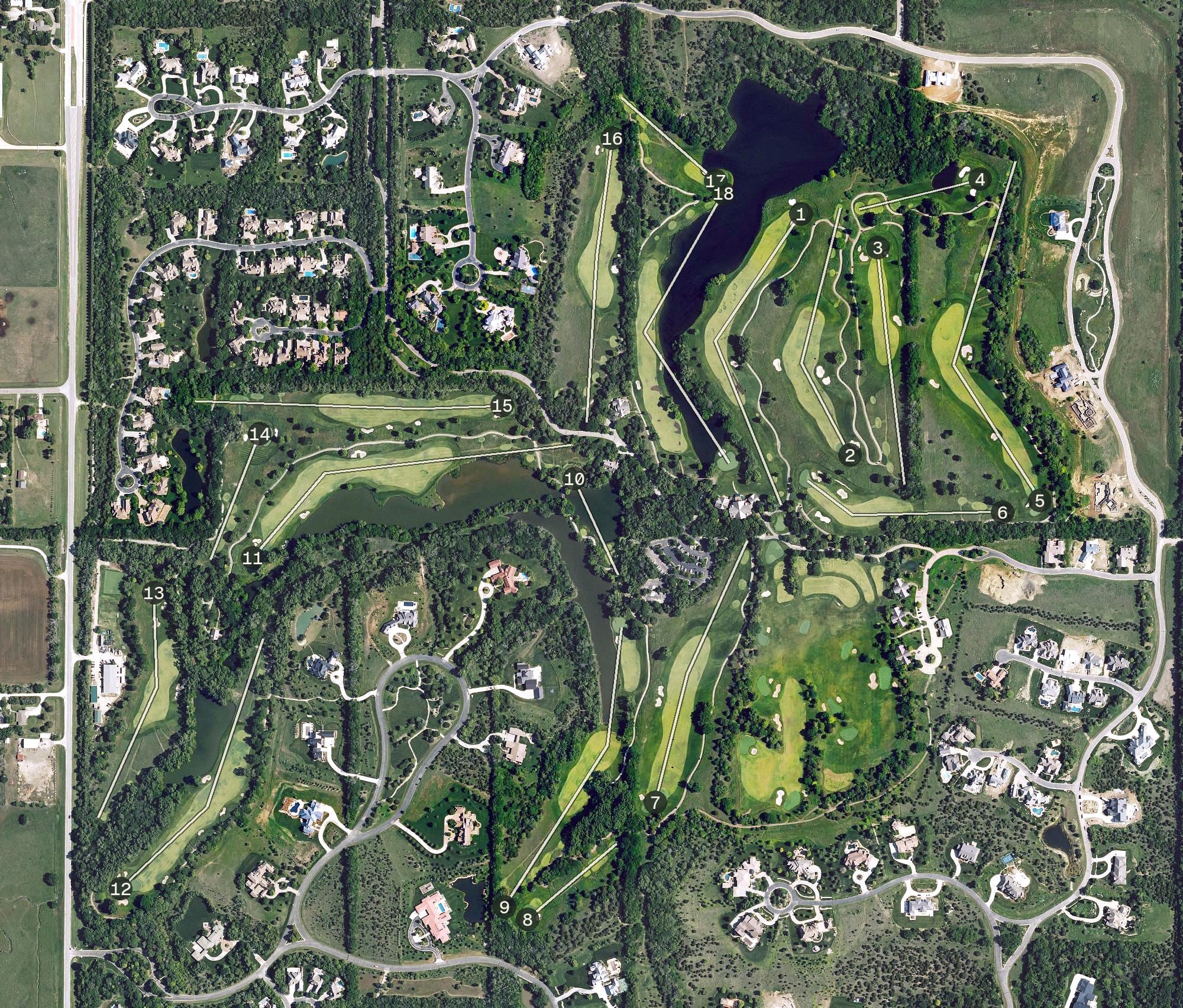 Aerial view of Flint Hills National Golf Club, KS, with its hole routing marked