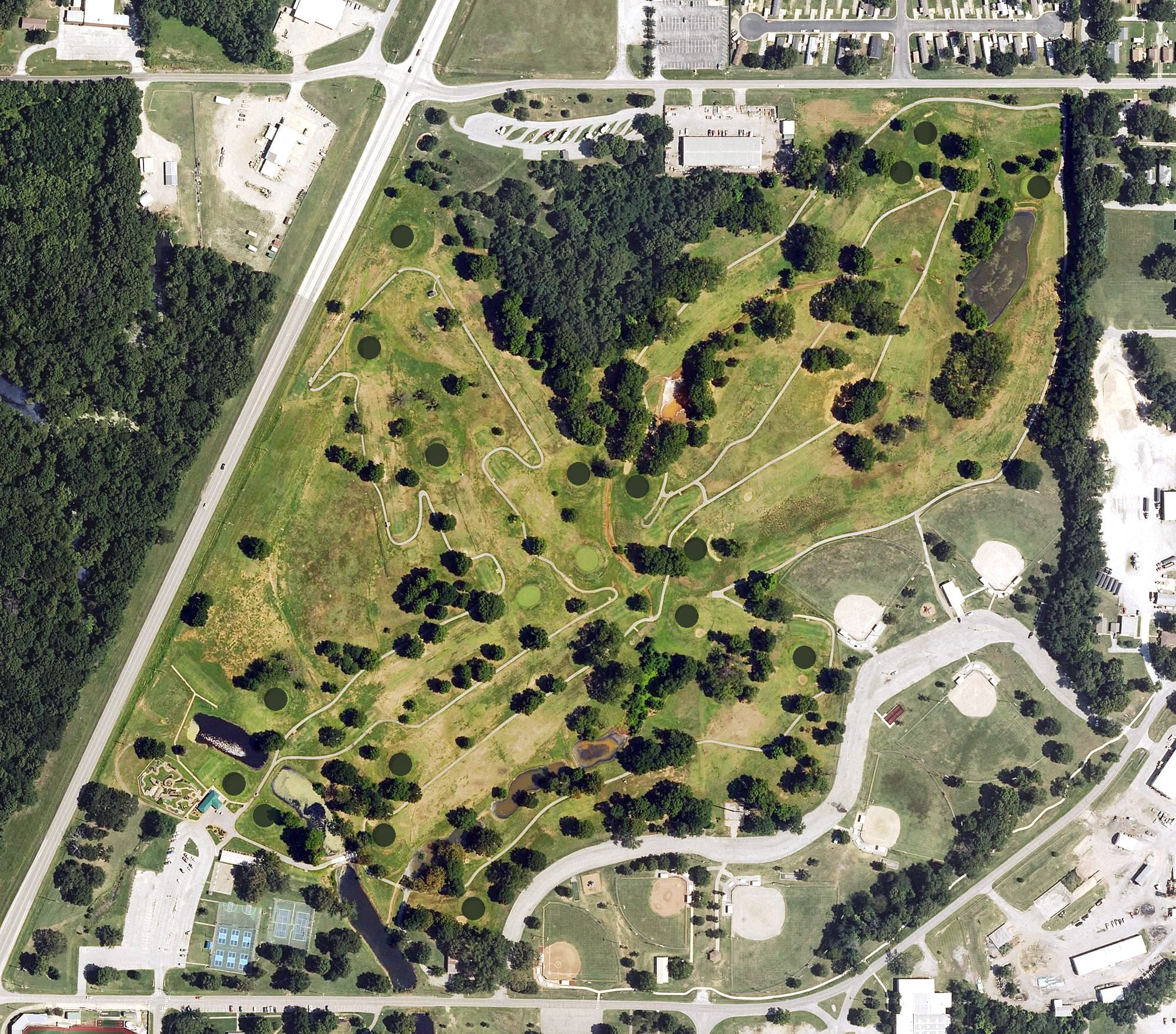 Aerial view of Four Oaks Golf Course, KS, with its hole routing marked