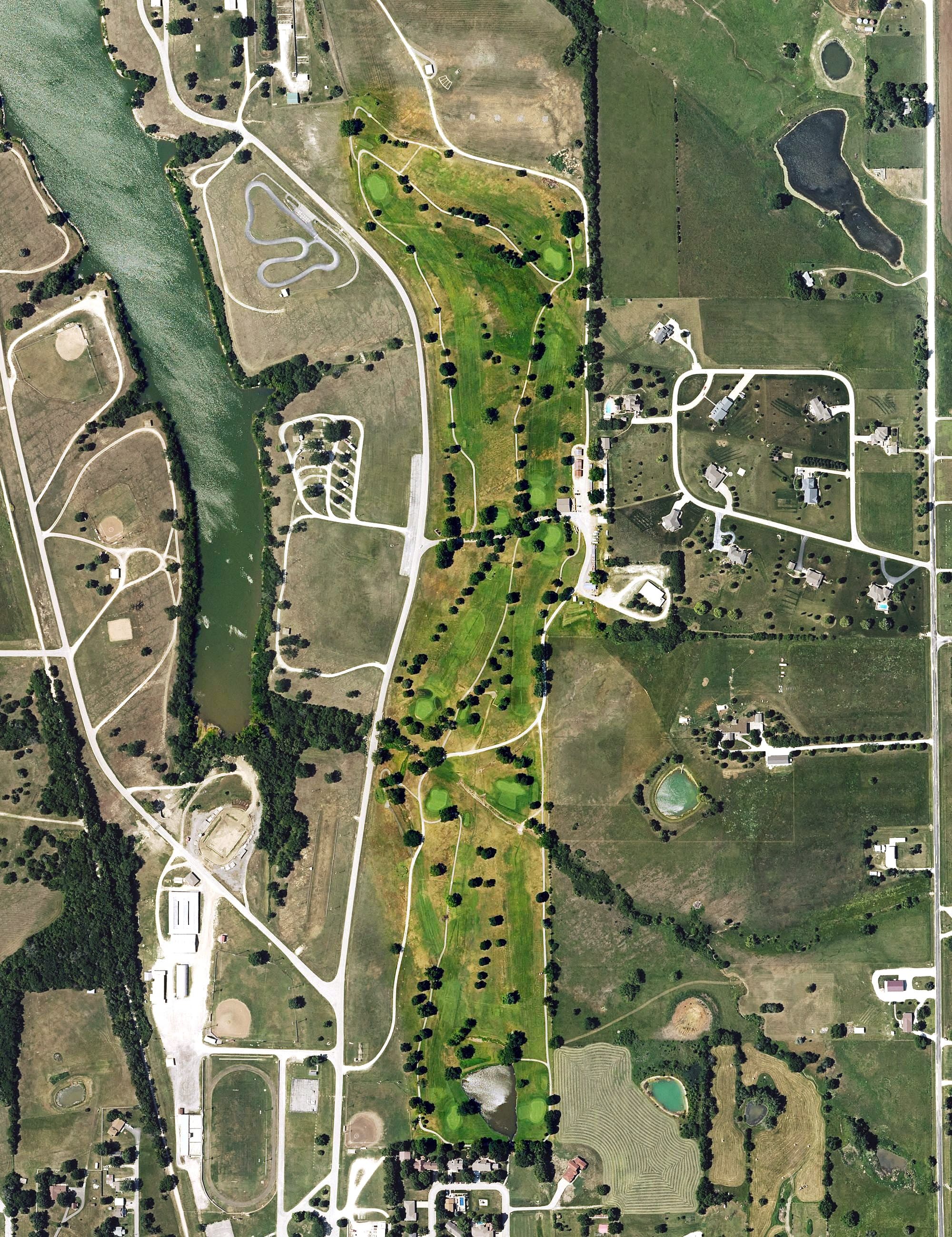 Aerial view of Garnett Country Club, KS, with its hole routing marked