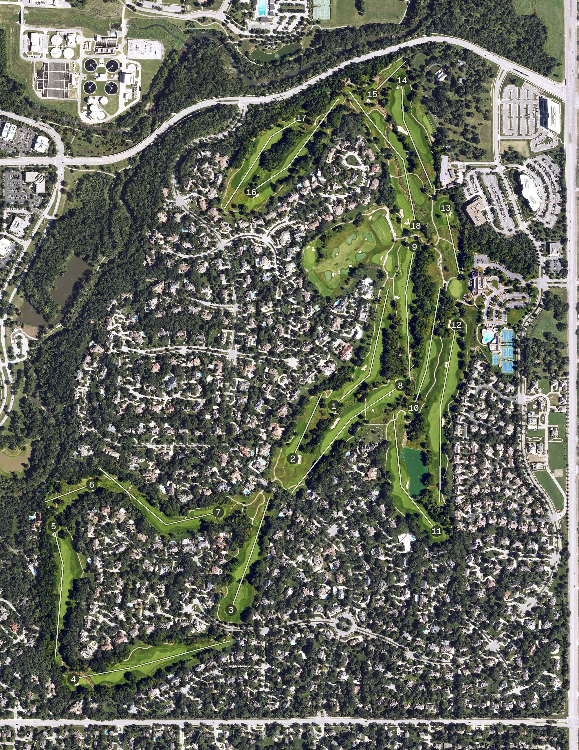 Aerial view of Hallbrook Country Club, KS, with its hole routing marked