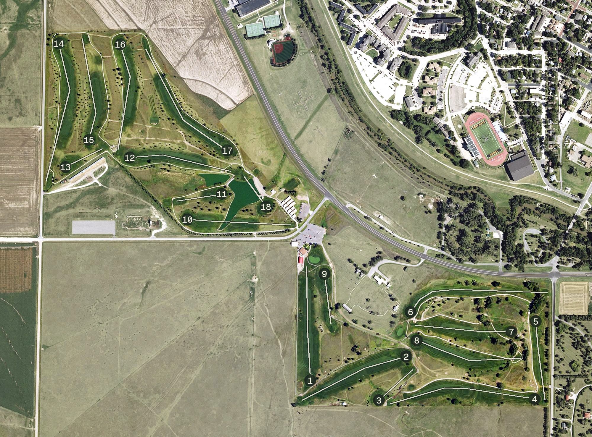 Aerial view of Hays Municipal Golf Course, KS, with its hole routing marked