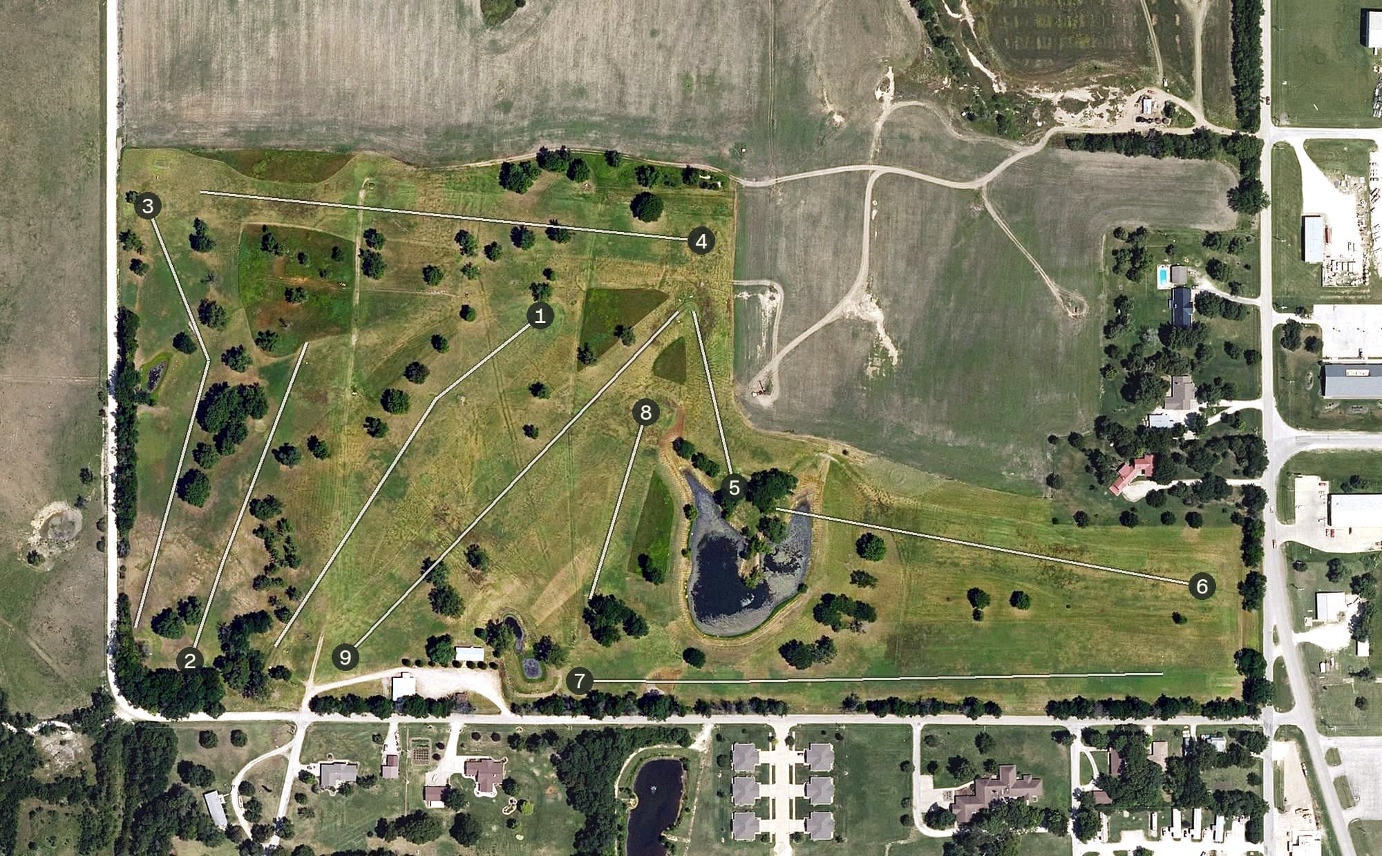 Aerial view of Humboldt Golf Course, KS, with its hole routing marked